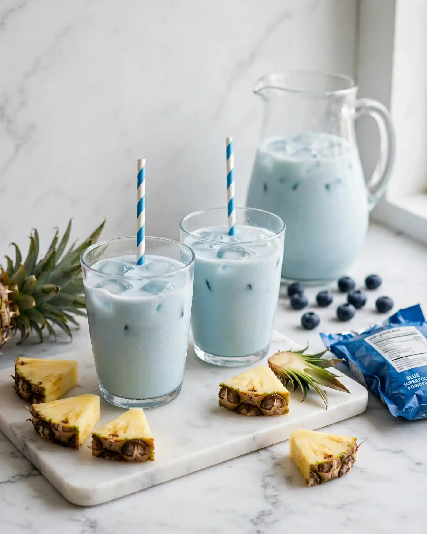 Blue Milk (Star Wars Inspired) Recipe 5 Two clear glasses filled with a light blue creamy drink with ice cubes inside are placed on a white marbled cutting board. Each glass has a blue and white striped straw standing upright from the top. Around the board, there are several pieces of fresh yellow pineapple with brown skin and green tips. In the background, there is a clear pitcher with more blue drink and some scattered blueberries near its base, along with a blue package that appears to be an ingredient bag. The scene is set against a plain white marbled surface and wall. Photo taken with an iphone --ar 4:5 --v 7