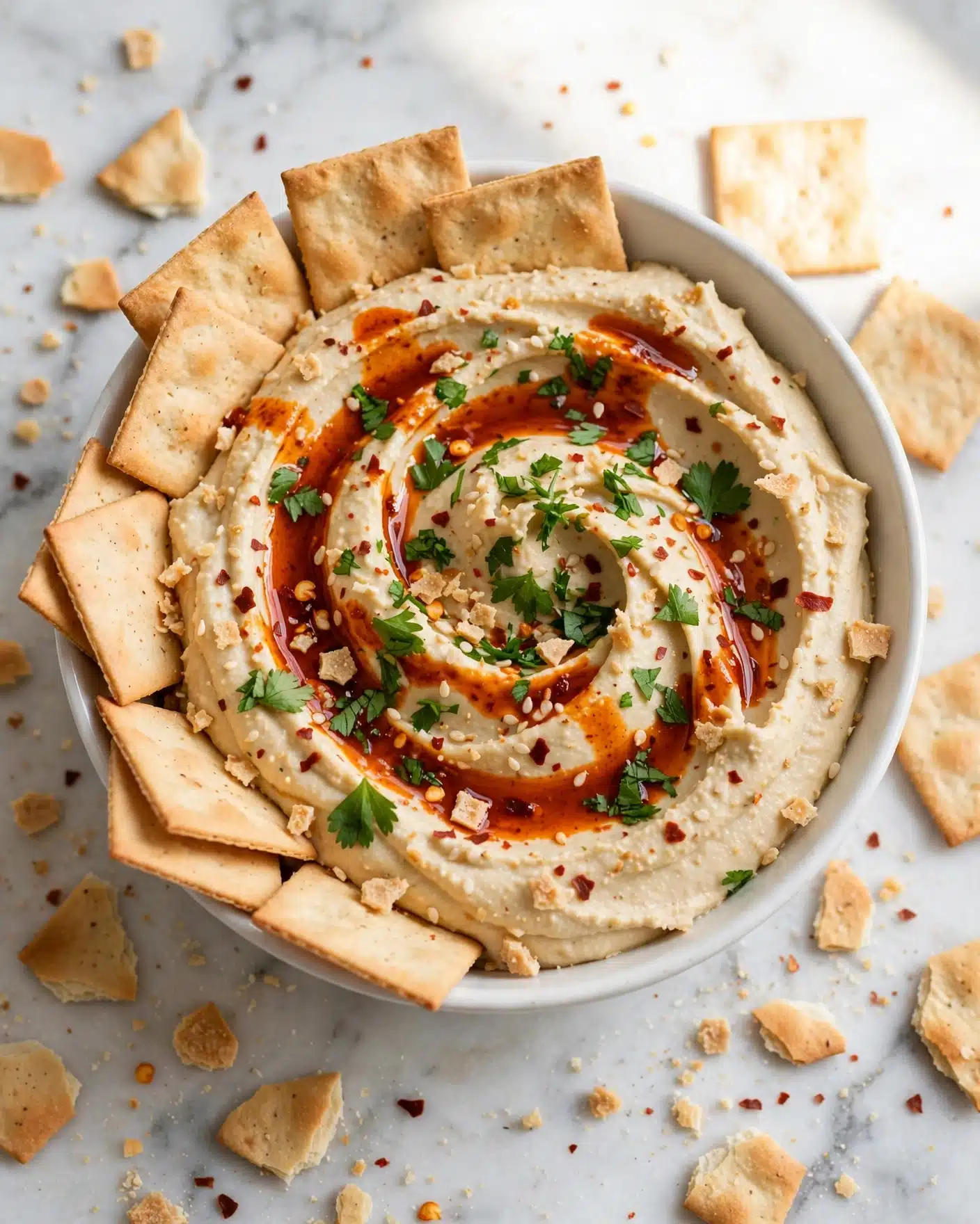 Spicy Piri Piri Hummus Recipe 5 A white bowl filled with creamy light beige hummus, swirled on the surface to create soft peaks and valleys. On top, there is a drizzle of deep orange-red oil and a sprinkling of bright green chopped herbs, sesame seeds, crushed light brown crispy pieces, and vibrant red chili flakes. Around the edge of the hummus, several flat, light tan crackers are placed, slightly overlapping and resting gently against the hummus. The bowl is placed on a white marbled surface with more broken crackers scattered around. photo taken with an iphone --ar 4:5 --v 7