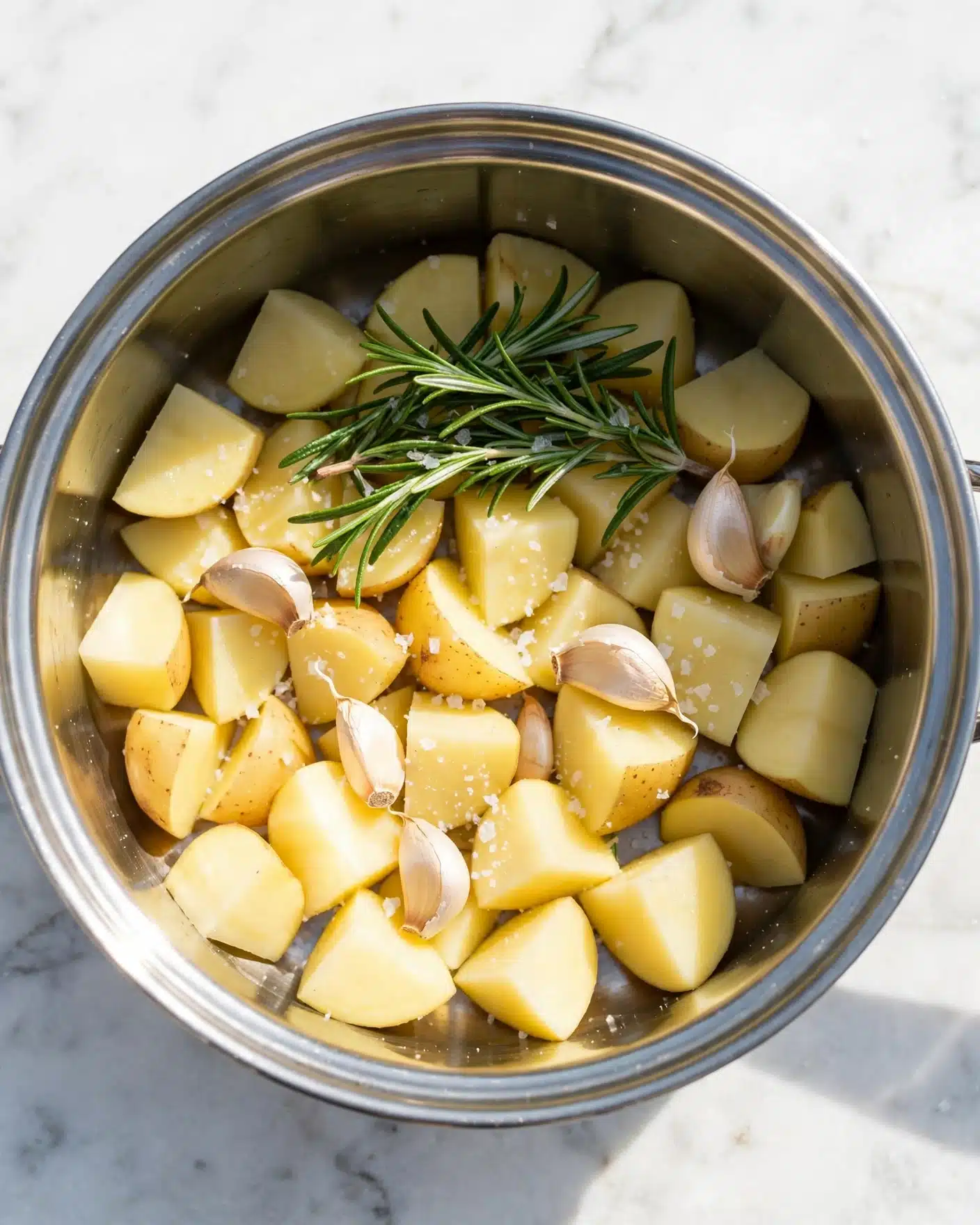 Mashed Potato Gratin Recipe 4 Inside a shiny silver pot, there is one layer of chopped pale yellow potatoes with a few whole garlic cloves scattered among them. On top of the potatoes, there is a small bunch of fresh green rosemary and some white salt sprinkled over the potatoes and herbs. The silver pot sits on a white marbled surface. photo taken with an iphone --ar 4:5 --v 7