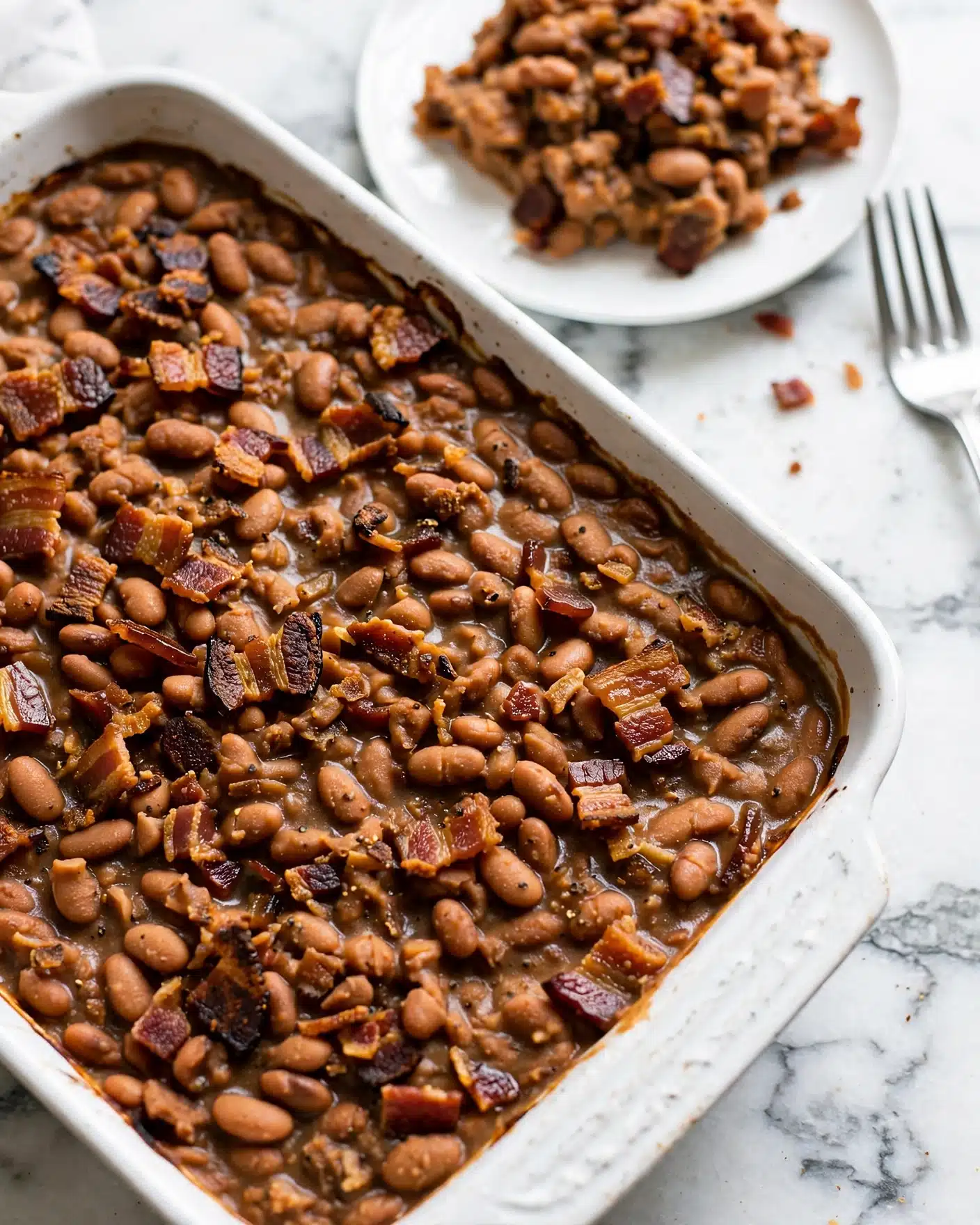 Grandma's Homemade Baked Beans Recipe 5 A close-up view of a white baking dish filled with a thick, brown bean casserole that has soft, round beans and darker brown crispy bacon pieces layered throughout. In the background, there is a white plate holding a scoop of the same bean casserole showing a mix of creamy beans and browned bits. The scene is set on a white marbled surface with a silver fork visible next to the plate. Photo taken with an iphone --ar 4:5 --v 7
