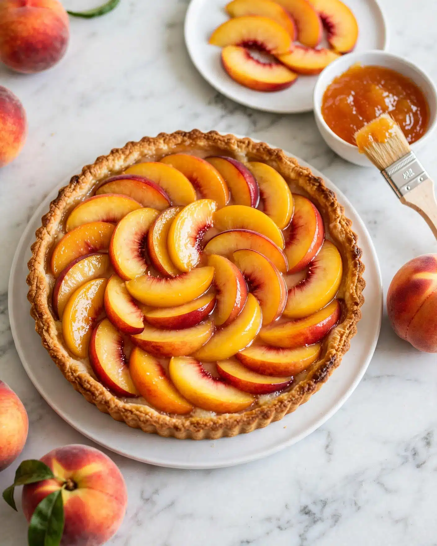 A round tart with a golden brown crust sits on a white plate, filled with glossy, thinly sliced peach slices arranged in a swirling pattern that covers the entire surface; the peach slices show a mix of yellow, orange, and red hues with a shiny, syrupy texture. Around the tart, there are whole peaches and a white marbled surface under everything. In the background, a white plate with extra peach slices and a small white bowl with orange jam and a brush can be seen. Photo taken with an iphone --ar 4:5 --v 7