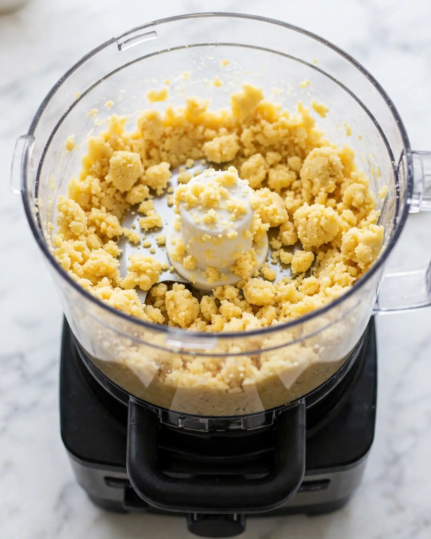 The image shows a clear food processor bowl filled with a crumbly yellow dough mixture. The dough looks soft and uneven with small lumps throughout. The food processor’s white blade is visible in the center of the bowl, slightly covered by the dough. The background has a white marbled texture, and the base of the processor is black with a handle facing forward. The photo taken with an iphone --ar 4:5 --v 7
