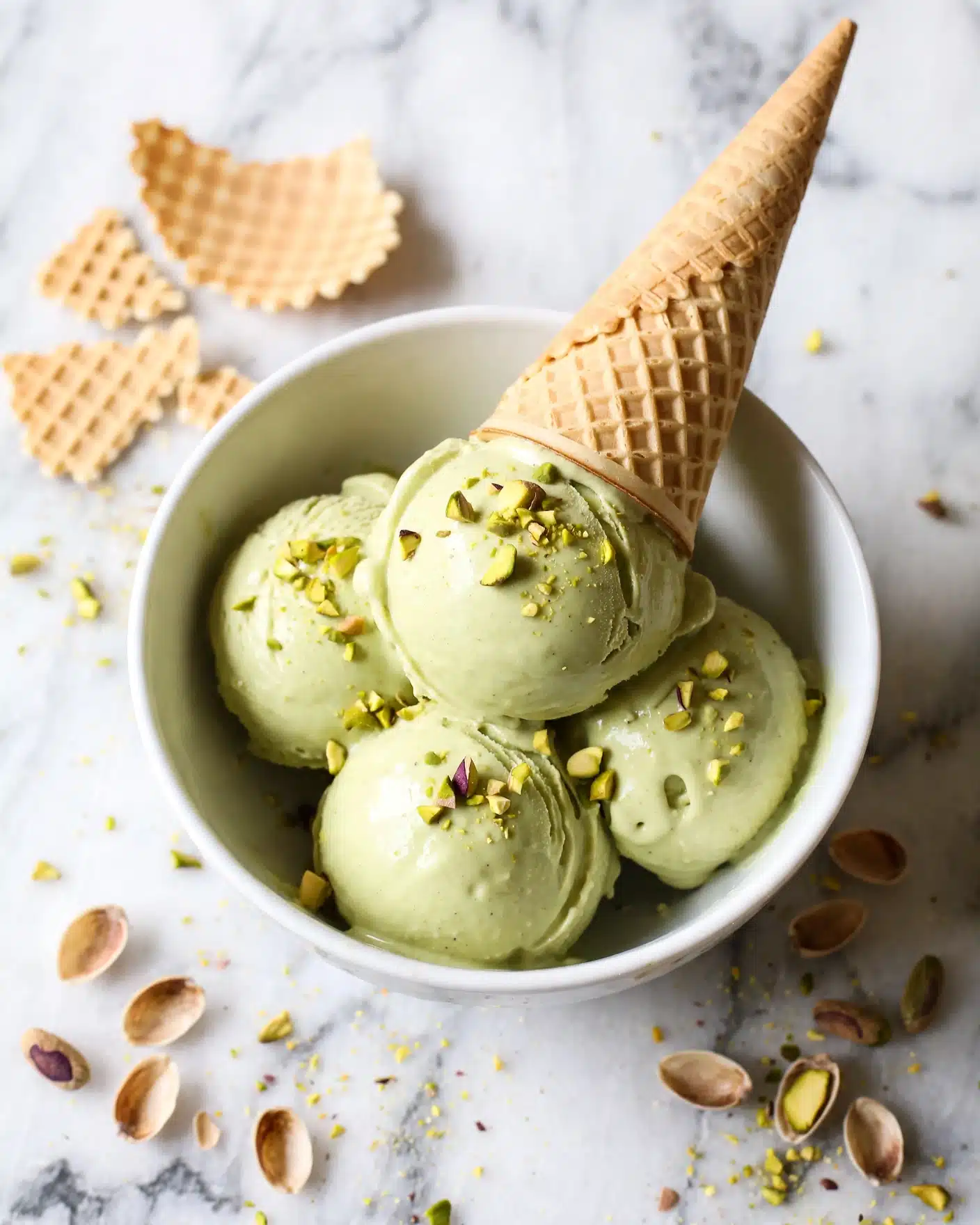 A white bowl holds four pale green scoops of pistachio ice cream with a smooth and creamy texture. The top scoops are sprinkled with small pieces of chopped green pistachio nuts. A single beige waffle cone is placed upside down, leaning inside the bowl over the ice cream scoops. The bowl sits on a white marbled surface with scattered pistachio shells and bits of crushed pistachio around it. A white waffle cone shell is placed broken in the background. Photo taken with an iphone --ar 4:5 --v 7