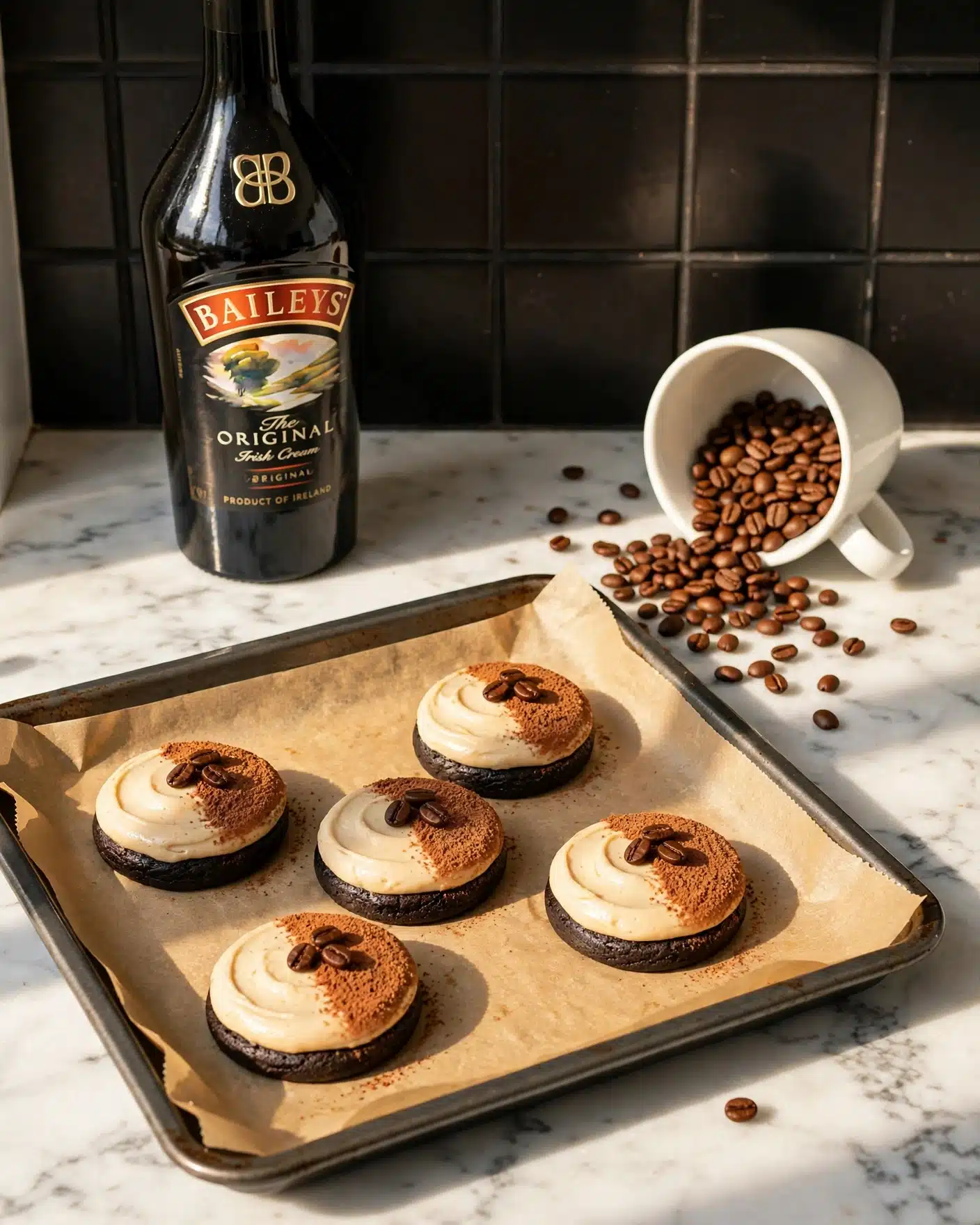 Espresso Martini Cookies Recipe 5 The image shows six round desserts on a white marbled surface, each made of two visible layers. The bottom layer is a dark, almost black cake or cookie base. The top layer is creamy beige, spread evenly across the round base but split into halves: one half smooth and creamy, and the other half covered with fine brown powder. Each dessert is decorated with two or three dark brown coffee beans placed gently on the powdered side. In the background, a white cup is tipped over, spilling many dark coffee beans onto the surface. The scene is bathed in warm sunlight, casting soft shadows and highlighting the textures of the creamy and powdered layers. Photo taken with an iphone --ar 4:5 --v 7