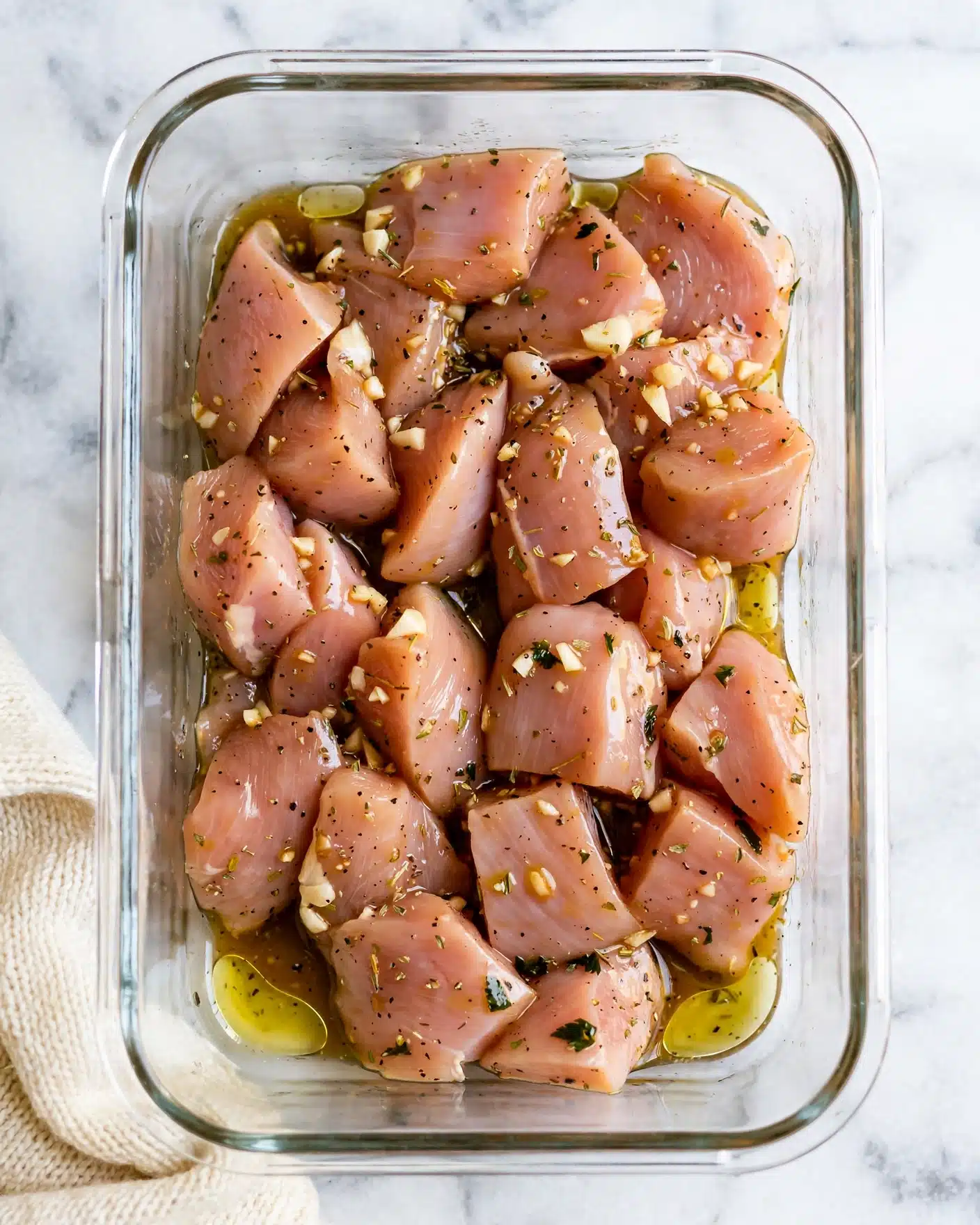 Instant Pot Greek Chicken and Rice Recipe 4 Inside a clear rectangular container, there are many pieces of light pink raw chicken chunks, seasoned with small bits of minced garlic and specks of black pepper and herbs, scattered evenly across the surface of the chicken. The chicken pieces are soaked slightly in a thin, shiny marinade that pools at the bottom of the container. The container rests on a white marbled surface. photo taken with an iphone --ar 4:5 --v 7