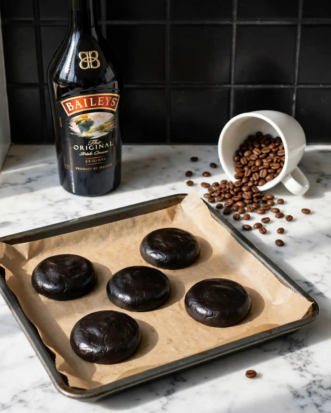 Espresso Martini Cookies Recipe 4 The image shows five shiny, smooth black cookie dough rounds placed evenly on a baking tray lined with light brown parchment paper. The dough pieces have a slightly flattened and rounded shape with a soft matte texture. Behind the tray, on a white marbled surface, there is a white cup tipped over spilling medium-dark brown coffee beans. A bottle of Baileys Irish Cream stands in the background against a black tiled wall. The whole scene is brightly lit with natural light coming from the left side, creating distinct shadows. photo taken with an iphone --ar 4:5 --v 7