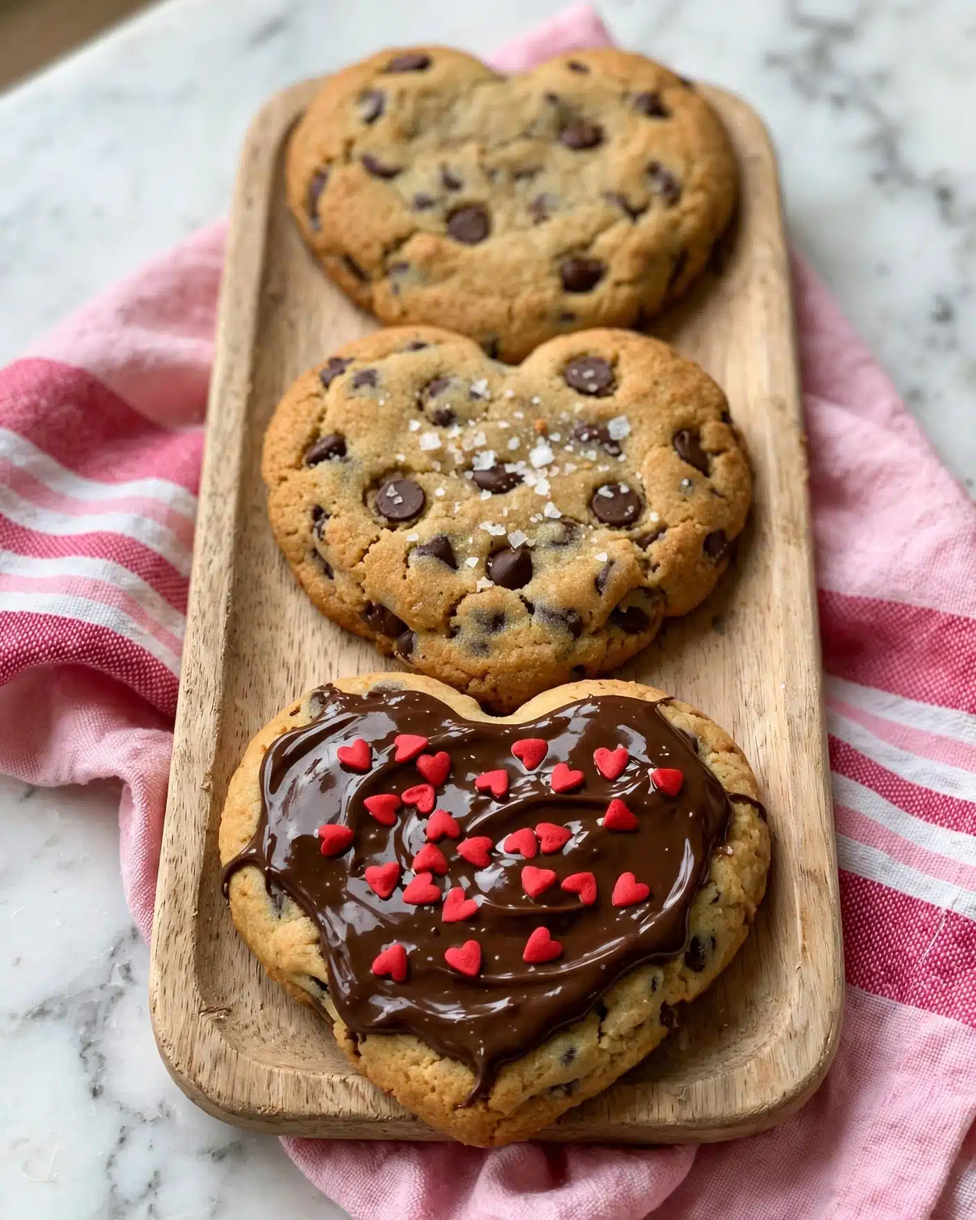 Chocolate Chip Heart-Shaped Cut Out Cookies Recipe 5 Three heart-shaped cookies are placed in a row on a light wooden tray, which sits on a pink cloth with white and darker pink stripes, all set on a white marbled surface. The cookie closest to the front has a thick layer of glossy chocolate spread on top, decorated with small red heart-shaped sprinkles. The middle cookie shows visible dark chocolate chips with a light sprinkle of coarse white salt. The back cookie is plain with scattered chocolate chips. The image focuses closely on the cookies, highlighting their soft texture and rich colors. photo taken with an iphone --ar 4:5 --v 7