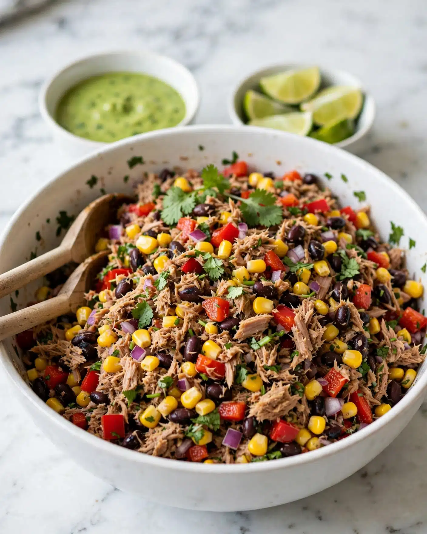 A large white bowl filled with a colorful mix of shredded light brown tuna, bright yellow corn kernels, small black beans, and diced red bell peppers. Small pieces of purple-red onion and green herbs are scattered throughout, adding spots of color and texture. A few fresh green cilantro leaves are placed on top as garnish. Two wooden spoons rest inside the bowl on the left side. In the background, small white bowls with green sauce and lime wedges sit on a white marbled surface. Photo taken with an iphone --ar 4:5 --v 7