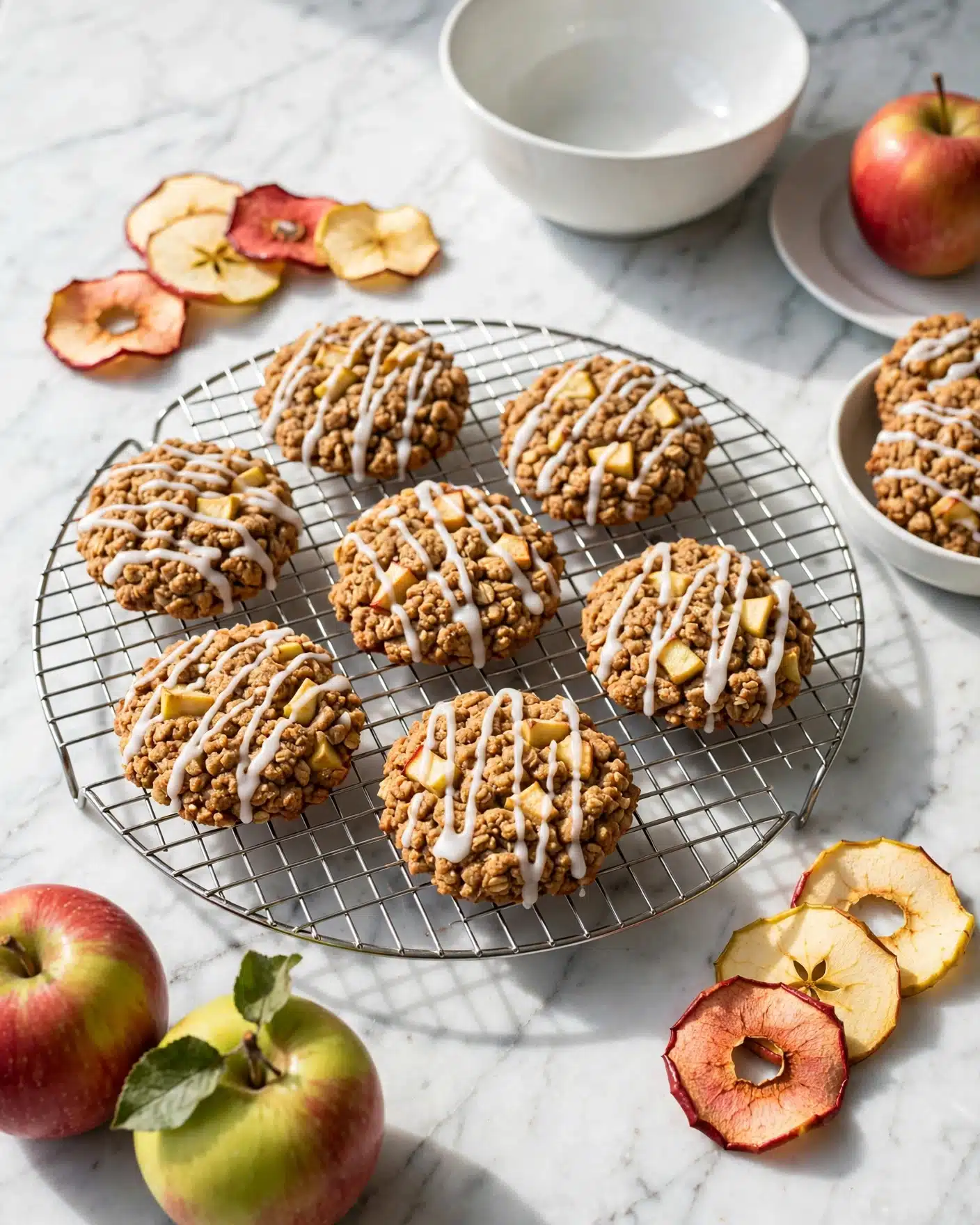 The image shows a round metal cooling rack filled with small oatmeal cookies that have visible chunks of light yellow apple pieces inside. Each cookie is drizzled with thin white icing lines on top, giving a shiny texture. The cookies are golden brown and chunky with a rough, crumbly texture. Around the rack, there are some thin red and yellow apple slices placed decoratively. In the background, on a white marbled surface, there is a white bowl, a small white plate with a red apple on it, and a small bowl holding two more cookies. A red and green apple is also placed at the bottom left corner of the image, brightening the scene with natural colors. The whole setting looks fresh and inviting with warm soft lighting. Photo taken with an iphone --ar 4:5 --v 7