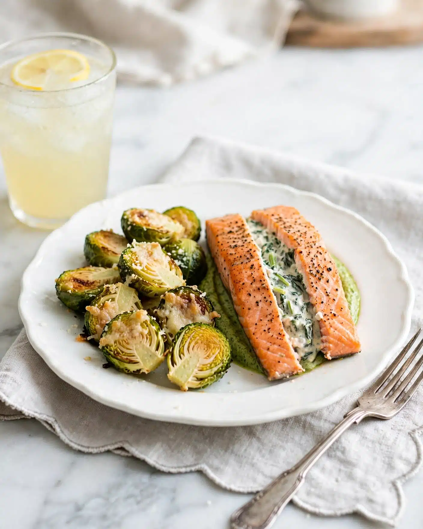 Spinach Stuffed Salmon Recipe 5 A serving of roasted brussels sprouts and a piece of cooked salmon are plated together on a white plate on top of a light gray cloth napkin with a scalloped edge. The brussels sprouts are halved, showing layers of green and light yellow with some browned spots from roasting, and small bits of melted cheese are sprinkled on top. The salmon fillet is placed next to a dollop of green sauce underneath, showing a textured orange-pink surface with black pepper sprinkled across. To the left of the plate is a clear glass of pale yellow drink on the same white marbled surface. A vintage silver fork is placed diagonally near the bottom right of the plate. The scene is bright with natural light and a clean look. photo taken with an iphone --ar 4:5 --v 7