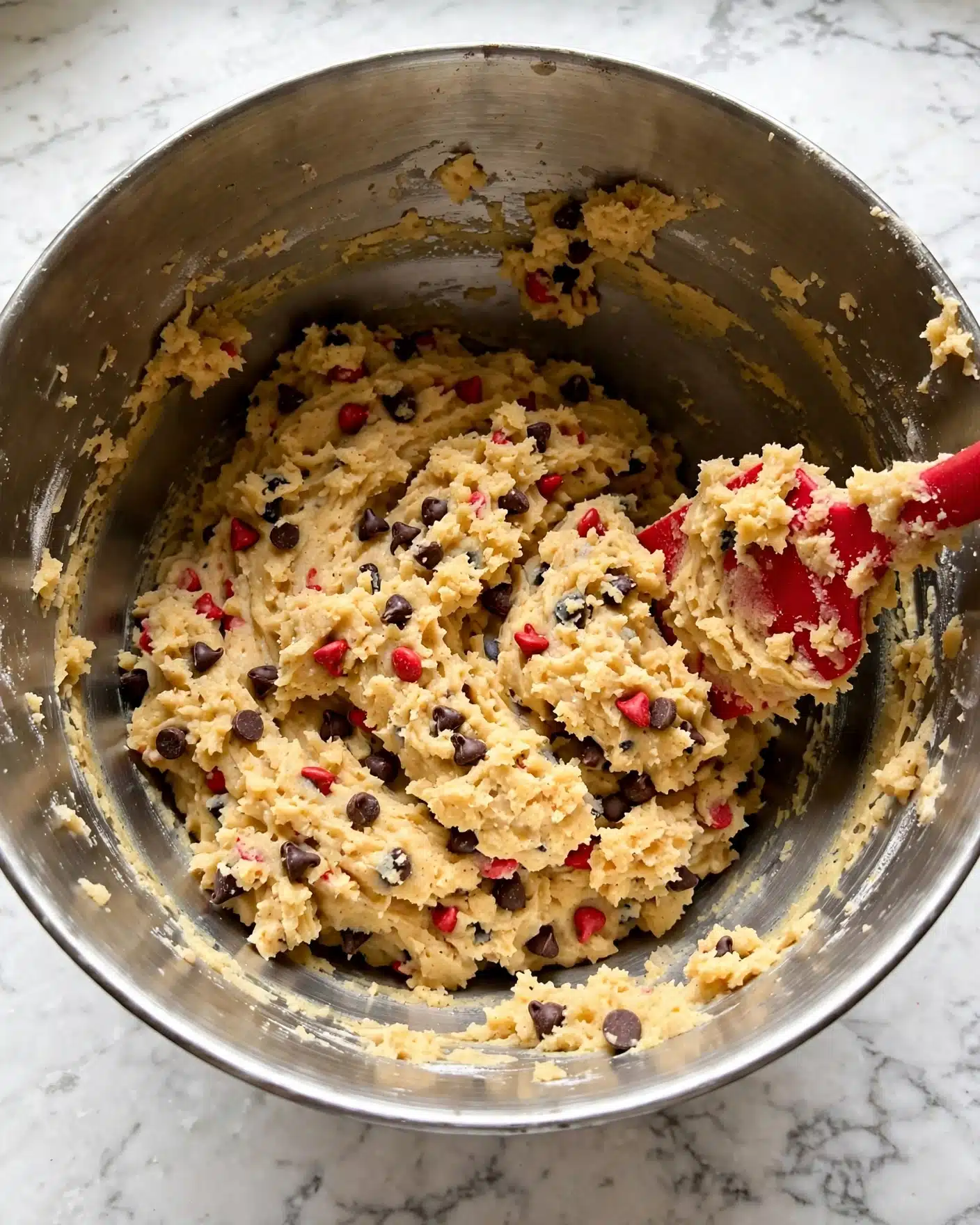 Chocolate Chip Heart-Shaped Cut Out Cookies Recipe 4 A large silver metal mixing bowl on a white marbled surface holds thick, creamy cookie dough mixed with small dark brown chocolate chips and tiny red candy pieces. A red silicone spatula rests inside the bowl, partially covered in dough, with some dough stuck to the sides of the bowl. Soft natural light brightens the scene, showing texture and a cozy baking moment. Photo taken with an iphone --ar 4:5 --v 7