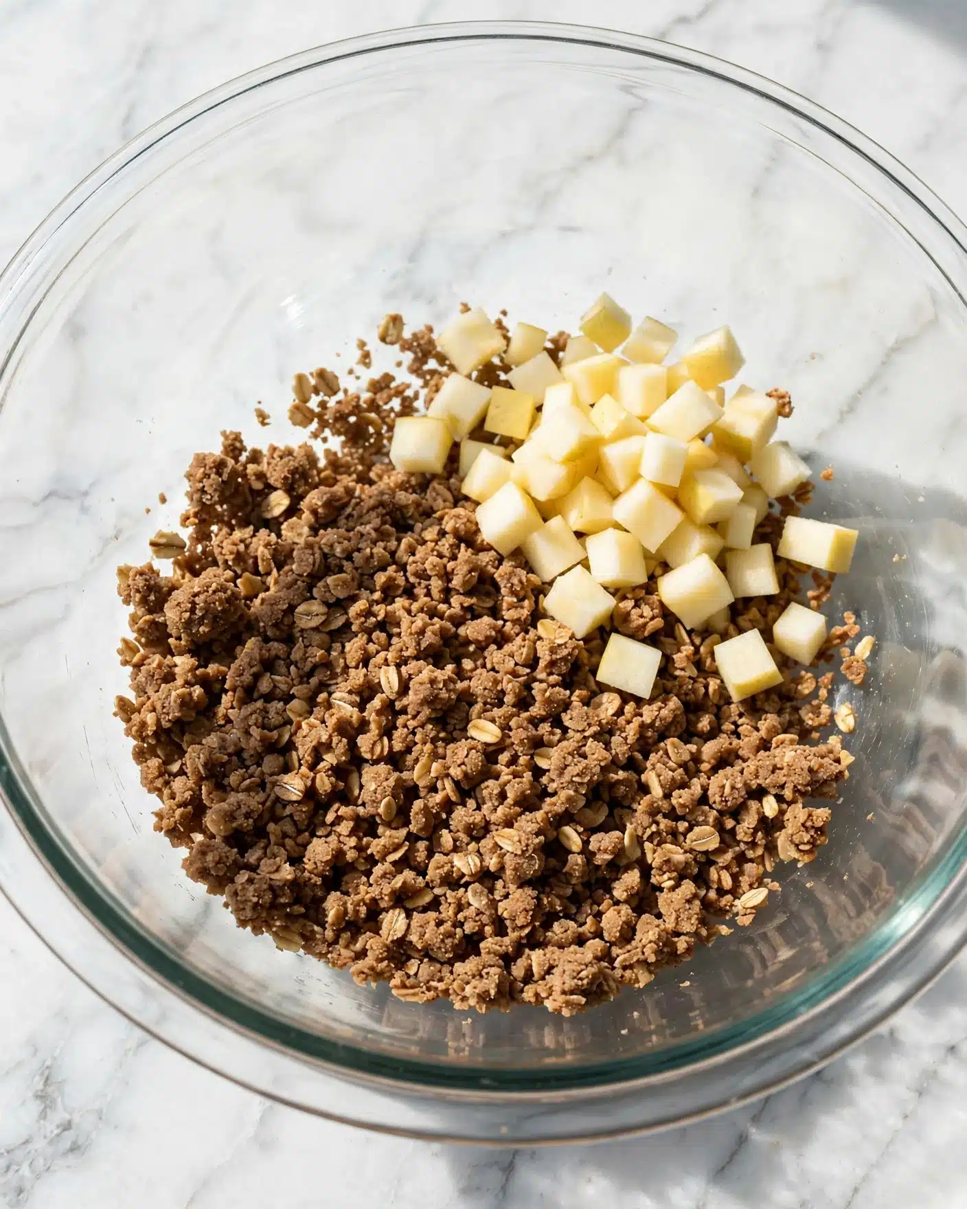 A clear glass bowl sits on a white marbled surface. Inside the bowl, there is a rough, crumbly brown mixture occupying the bottom half, textured like oats or grains. On top of this base, slightly to one side, are small, pale yellow and white diced pieces of fruit, arranged in a loose pile with some touching the brown mixture. The bowl's curved rim is visible around the ingredients, and the light is bright, casting soft shadows within the bowl. photo taken with an iphone --ar 4:5 --v 7