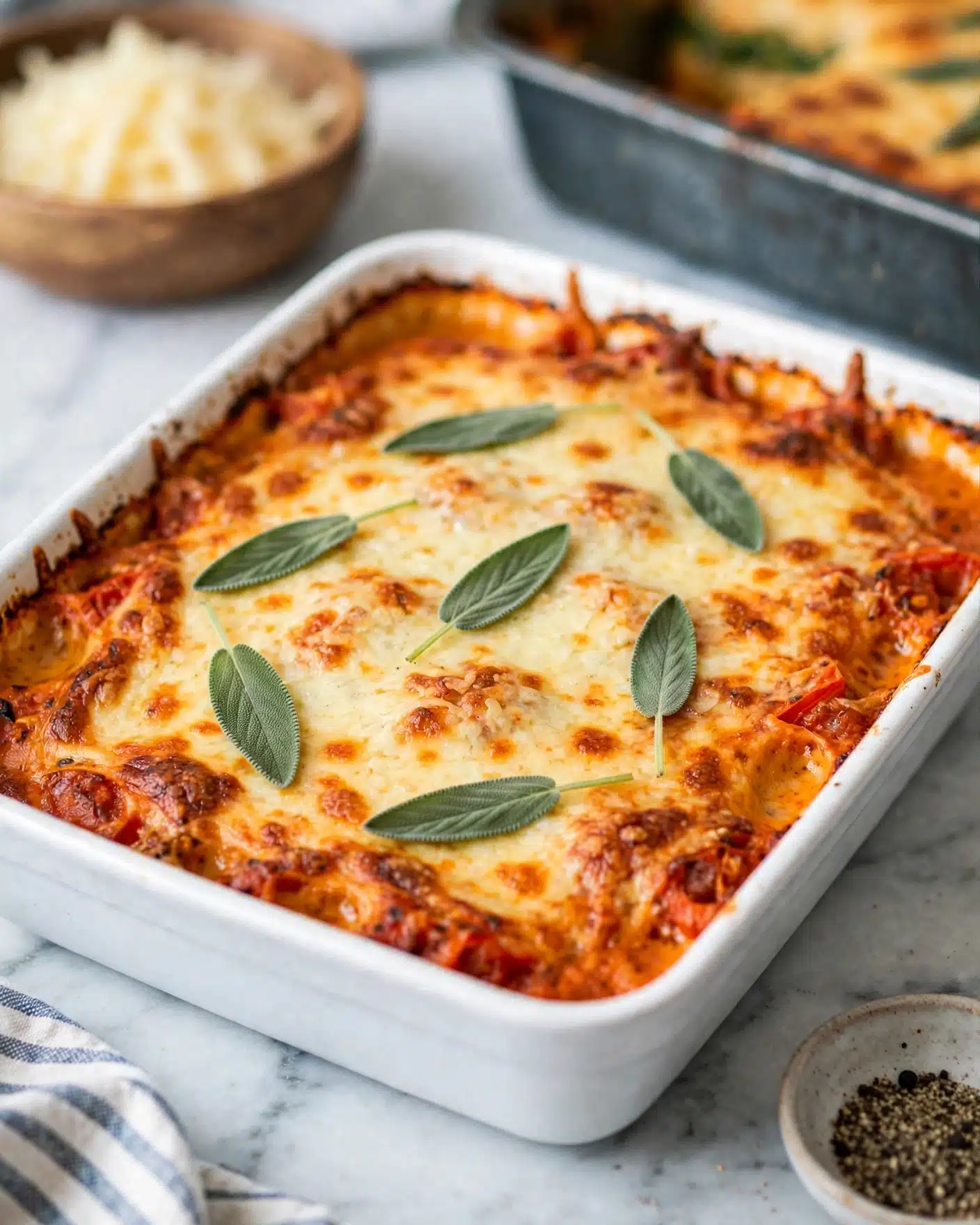 A white rectangular dish holds a baked casserole with a golden brown crust on top that looks slightly bubbly and melted. There are visible melted cheese layers, light yellow and creamy in texture, spread evenly across the surface. The edges have a darker, crispy orange-red color showing the baked sauce beneath. Fresh green sage leaves are thoughtfully placed on top, adding contrast and freshness. The dish sits on a white marbled surface, with a small wooden bowl of shredded cheese to the top left and a small bowl of black pepper at the bottom right corner. A part of a striped cloth is visible at the bottom left corner. photo taken with an iphone --ar 4:5 --v 7