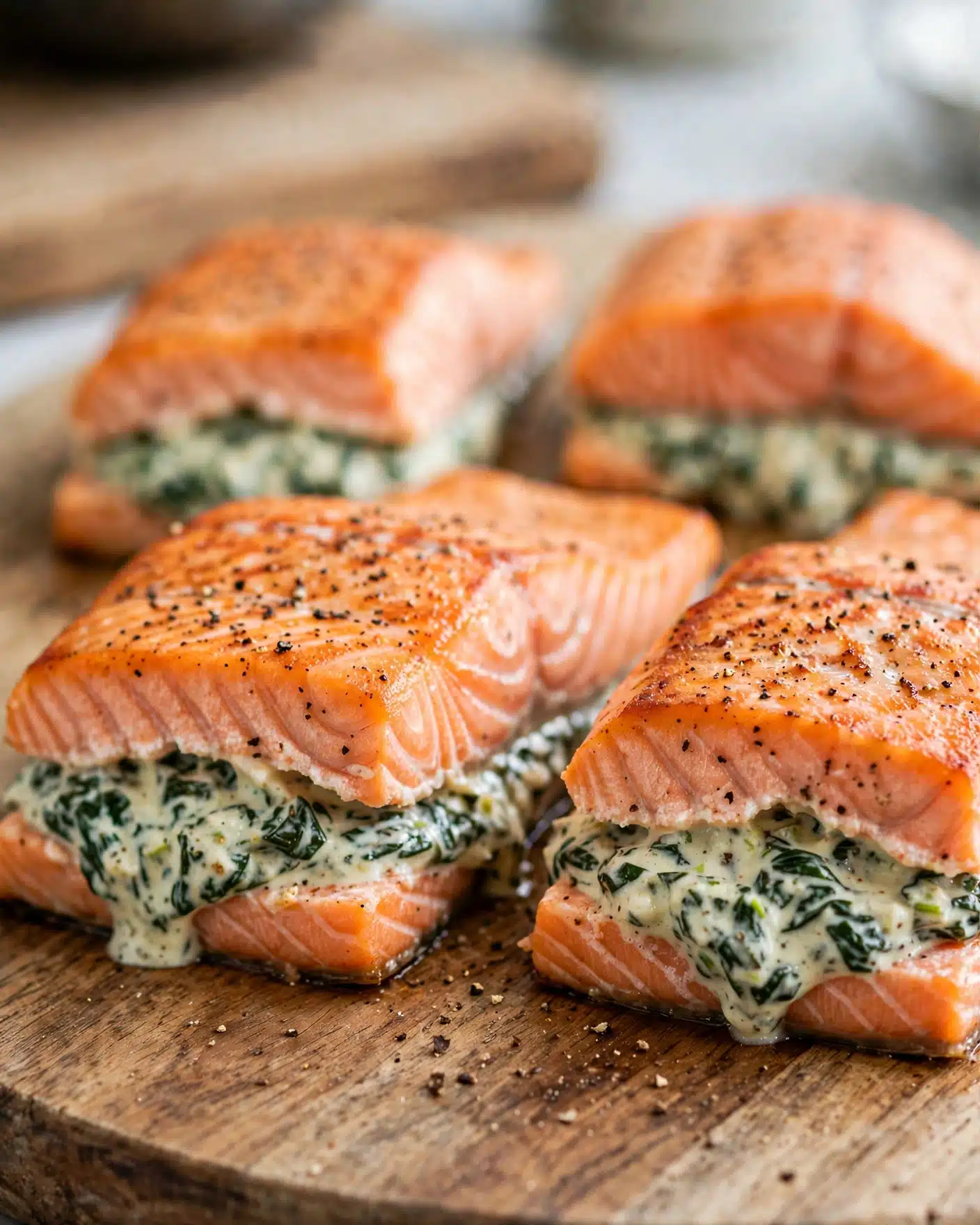Spinach Stuffed Salmon Recipe 4 The image shows salmon fillets stuffed with a green and white spinach mixture. Each fillet has three visible layers: the bright orange-pink salmon on top and bottom with a soft shiny texture, and a thick middle layer of creamy spinach filling that looks light green with dark green spinach bits. The salmon pieces are placed closely on a wooden cutting board with a few black pepper flakes sprinkled on top. In the background, more stuffed salmon pieces are slightly out of focus. The photo taken with an iphone --ar 4:5 --v 7