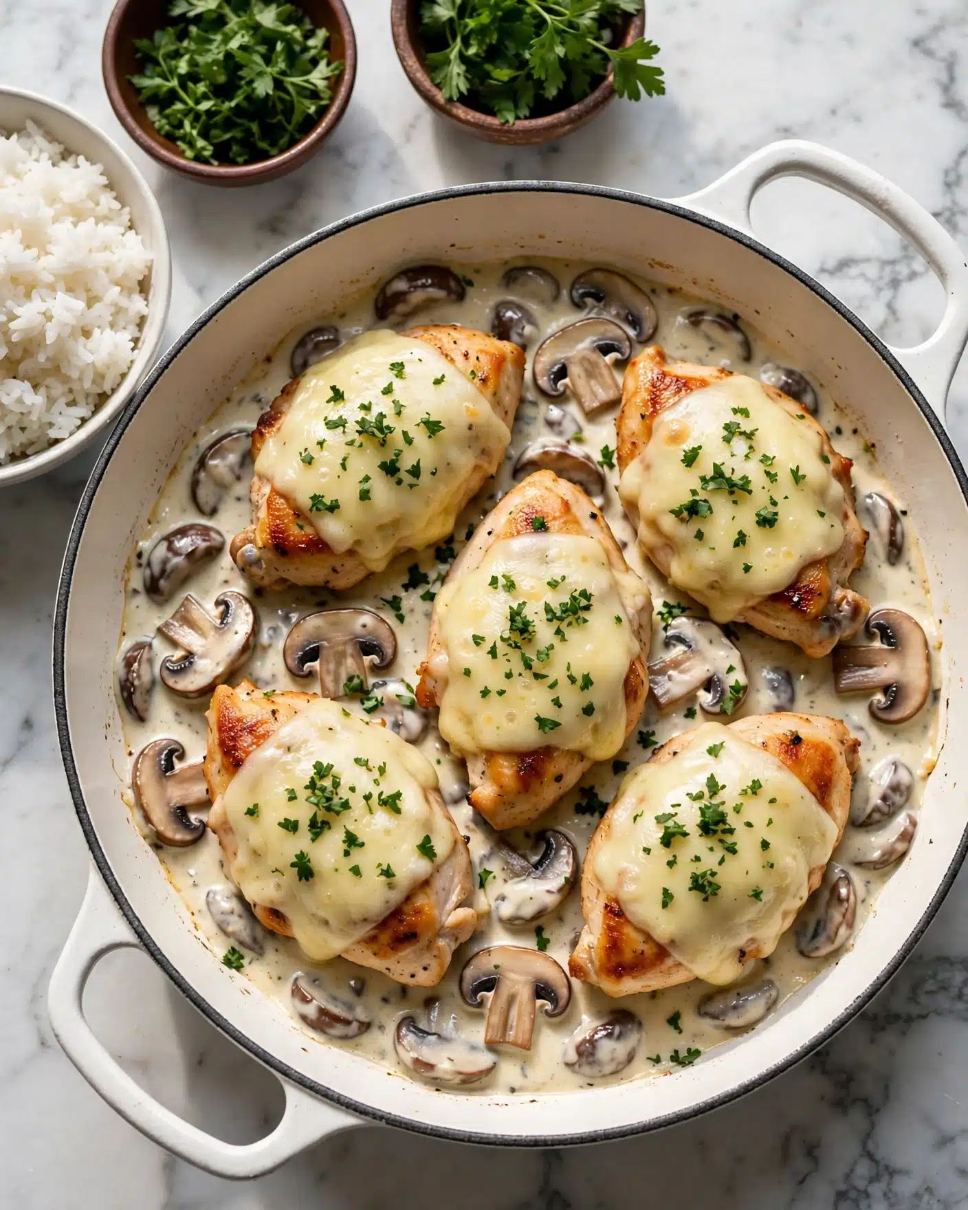 A white pan filled with five browned chicken pieces, each topped with melted pale yellow cheese and sprinkled with chopped green parsley. Around the chicken, thick cream sauce with brown sliced mushrooms creates a creamy textured layer. The pan sits on a white marbled surface, with a bowl of white rice on the left and some fresh green herbs in a brown bowl at the top. Photo taken with an iphone --ar 4:5 --v 7