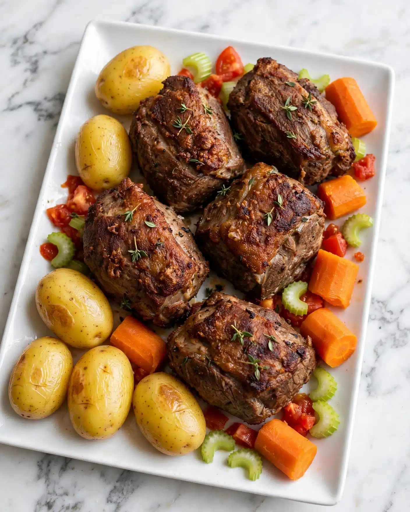 The image shows a white rectangular plate filled with five large pieces of roasted meat, each dark brown with a crispy texture and garnished with small green herb leaves. Around the meat, there are several whole yellow potatoes and thick orange carrot chunks, both with a soft, cooked look. Small bits of red tomato and slices of celery are scattered among the meat and vegetables. The plate is placed on a white marbled surface, adding brightness to the warm, rich colors of the food. photo taken with an iphone --ar 4:5 --v 7