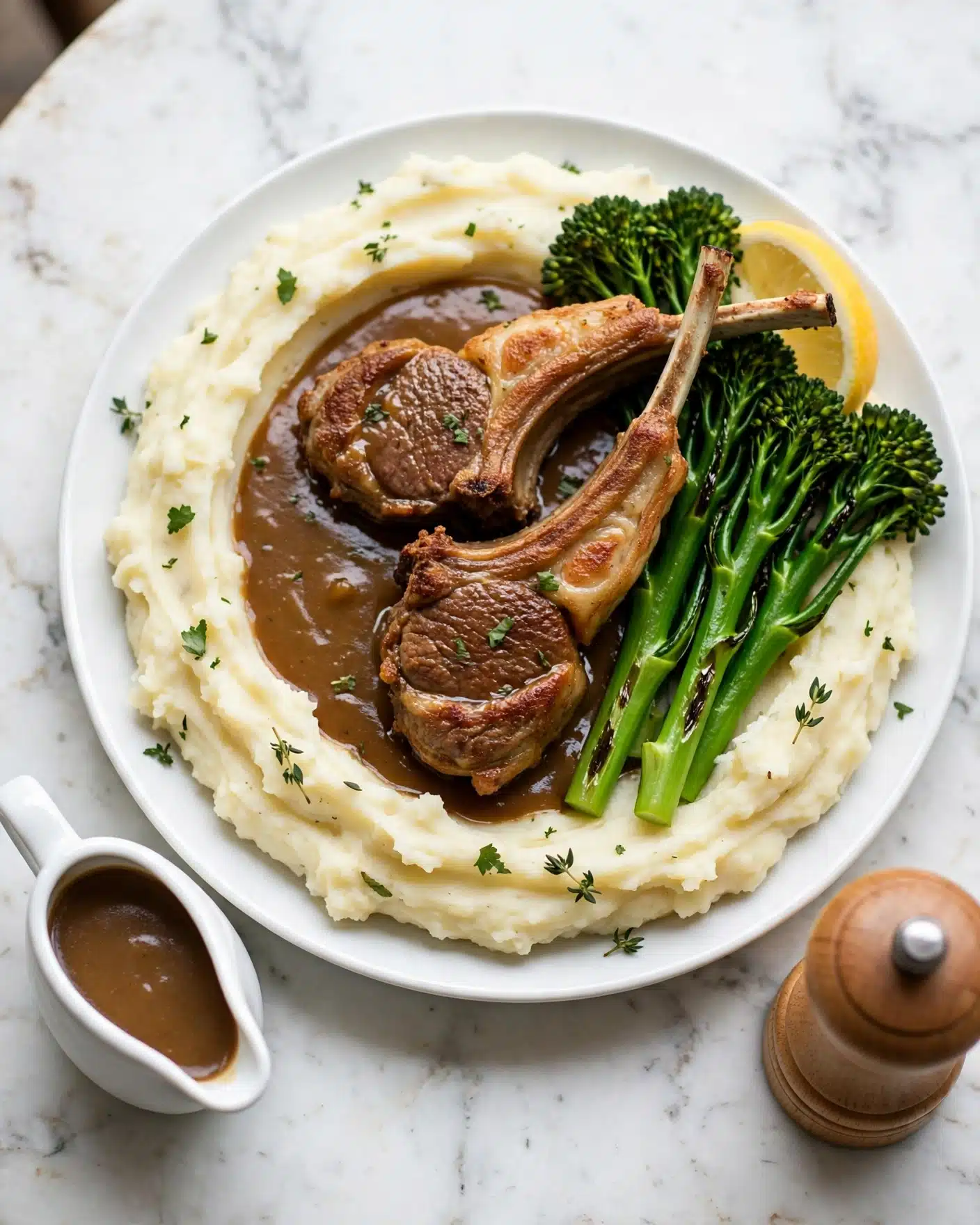 A white plate sits on a white marbled surface, filled with a serving of creamy mashed potatoes shaped in a thick ring on the bottom layer. Inside the mashed potato ring, a pool of brown gravy adds richness. On top of the gravy, two golden-brown crispy lamb chops rest, with one chop showing a long, clean bone. Next to the lamb chops are bright green broccolini stalks that look slightly charred. A lemon wedge is tucked behind the broccolini, adding a pop of yellow. The dish is garnished with small green herb pieces scattered on top. A small white gravy boat filled with more brown gravy and a wooden pepper grinder are visible on the surface nearby. Photo taken with an iphone --ar 4:5 --v 7