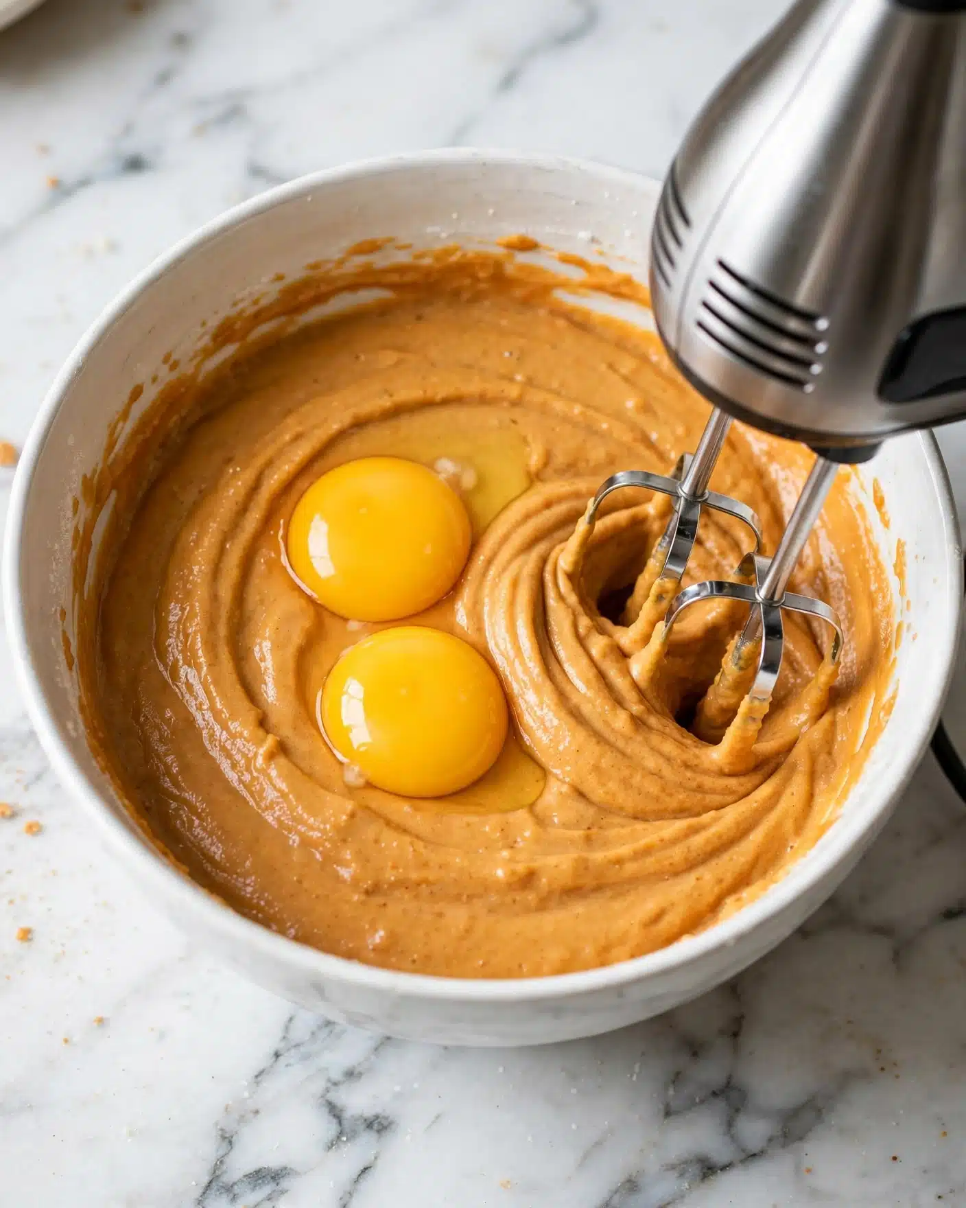 Soft Baked Pumpkin Cheesecake Cookies Recipe 4 A white bowl filled with thick, orange batter mixed to a creamy texture. Two bright yellow egg yolks sit on top of the batter in the center of the bowl. A metal electric mixer with two beaters is partially inside the bowl on the right side, blending the mixture. The bowl is placed on a white marbled surface. photo taken with an iphone --ar 4:5 --v 7