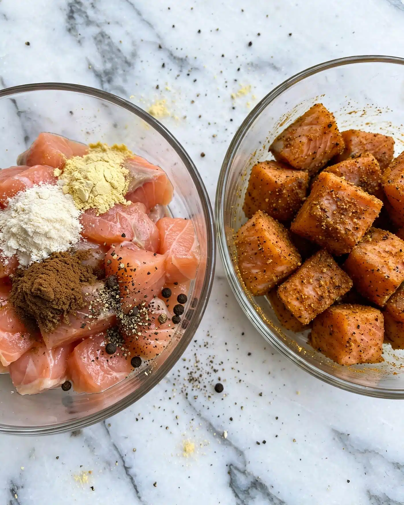 Bang Bang Salmon Bites Recipe 4 Two clear glass bowls are shown side by side on a white marbled surface, each containing salmon chunks. In the left bowl, raw salmon pieces are arranged with several types of dry spices on top in distinct clumps—off-white powder, pale yellow powder, dark brown powder, and black pepper—each layer showing a mix of smooth fish flesh and coarse spice textures. The right bowl shows the same salmon chunks now fully coated with the mixed spices, giving the fish a warm orange-brown color and a slightly rough texture from the seasoning, with all pieces evenly covered. photo taken with an iphone --ar 4:5 --v 7