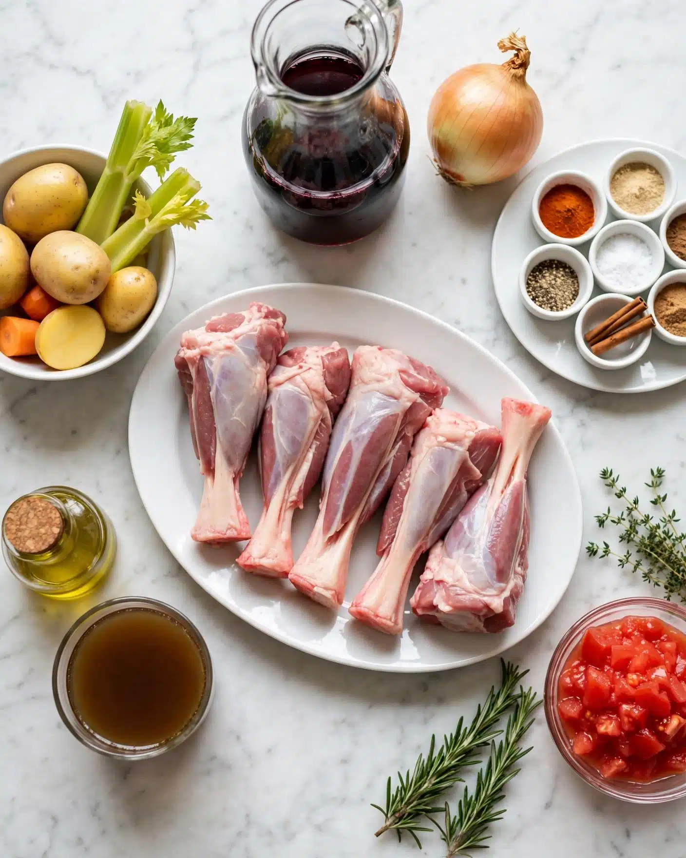 The image shows a white oval plate in the center with five raw lamb shanks, pale pink with white fat. To the left of the plate, there is a white bowl with small yellow potatoes, orange carrot pieces, and two celery stalks. Below the bowl, a small glass jar of olive oil is placed next to a glass cup filled with brown broth. On the top right side, there is a whole yellow onion, a glass jug filled with dark red wine, and a round white plate holding small white bowls with different spices—orange powder, beige powder, salt, black pepper, cinnamon sticks, and a brown powder. At the bottom right, two sprigs of rosemary and fresh thyme lie next to a clear bowl full of bright red crushed tomatoes. The scene is set on a white marbled surface, and soft natural light shines from above. Photo taken with an iphone --ar 4:5 --v 7