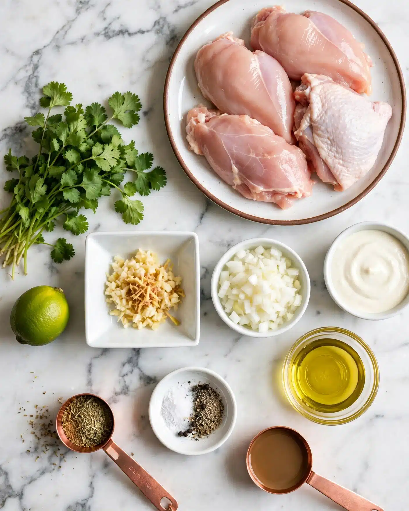 Coconut Lime Chicken Skillet Recipe 4 The image shows fresh raw chicken placed on a round white plate with a brown rim at the top right. To the left of the plate is a bunch of green cilantro leaves on a white marbled surface. Below the cilantro is a whole green lime. A small square white bowl with minced garlic and ginger sits near the center. Next to that bowl is another small round white bowl filled with white chopped onions. To the right there is a round white bowl with a white creamy sauce, and below it a small clear glass bowl filled with yellow oil. A small white dish holding salt and black pepper is placed near the center bottom. A copper measuring spoon with dried herbs is at the bottom left, and another copper measuring spoon near the bottom right holds a light brown liquid. All items are on a white marbled surface. photo taken with an iphone --ar 4:5 --v 7