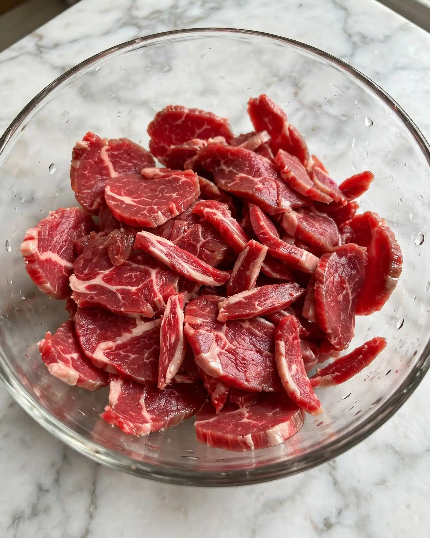 Beijing Beef Panda Express Copycat Recipe 4 A clear glass bowl filled with many small slices of raw red meat, showing some light white marbling and texture on the surface of each piece. The bowl is placed on a white marbled surface that has light gray veins and a smooth finish. The meat pieces are piled loosely, showing different shapes and thicknesses, with some light shine indicating freshness. photo taken with an iphone --ar 4:5 --v 7