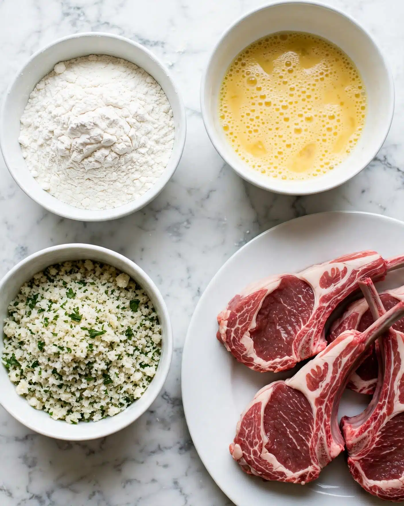 There are four white bowls and one white plate arranged on a white marbled surface. The top right white bowl holds a bubbly light yellow beaten egg mixture with small air bubbles visible on the surface. The top left white bowl contains fine white flour with a soft, powdery texture. The bottom left white bowl is filled with a crumbly mix of white panko crumbs and chopped green herbs, giving a speckled green and white look. The bottom right white plate has several raw red lamb chops with white marbling and small bones extending out, the meat is fresh and slightly marbled with fat. photo taken with an iphone --ar 4:5 --v 7