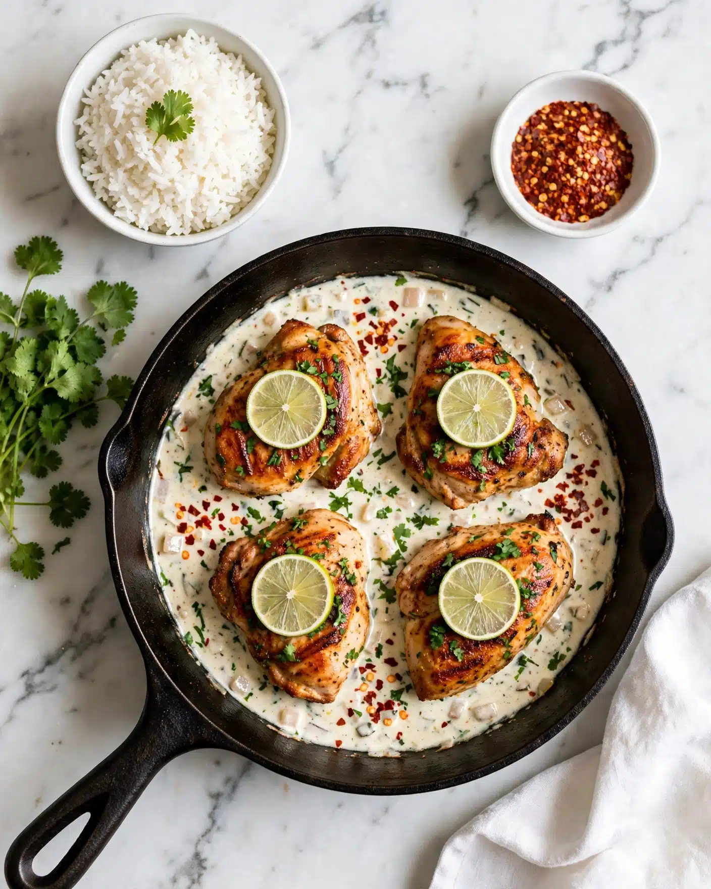 Coconut Lime Chicken Skillet Recipe 5 A black cast iron pan holds four browned and grilled chicken pieces arranged in a circular pattern, each topped with a round, thin slice of lime and sprinkled with green herbs and red chili flakes. The chicken rests in a creamy white sauce with visible herbs and small bits of vegetables, covering the bottom of the pan. Surrounding the pan is a white bowl with fluffy white rice garnished with a small green leaf, a small white bowl filled with coarse red chili flakes, some fresh green herbs on a white marbled surface, and a white cloth napkin partly visible at the bottom right. The lighting highlights the golden brown texture of the chicken and the fresh, bright colors of the garnishes. Photo taken with an iphone --ar 4:5 --v 7