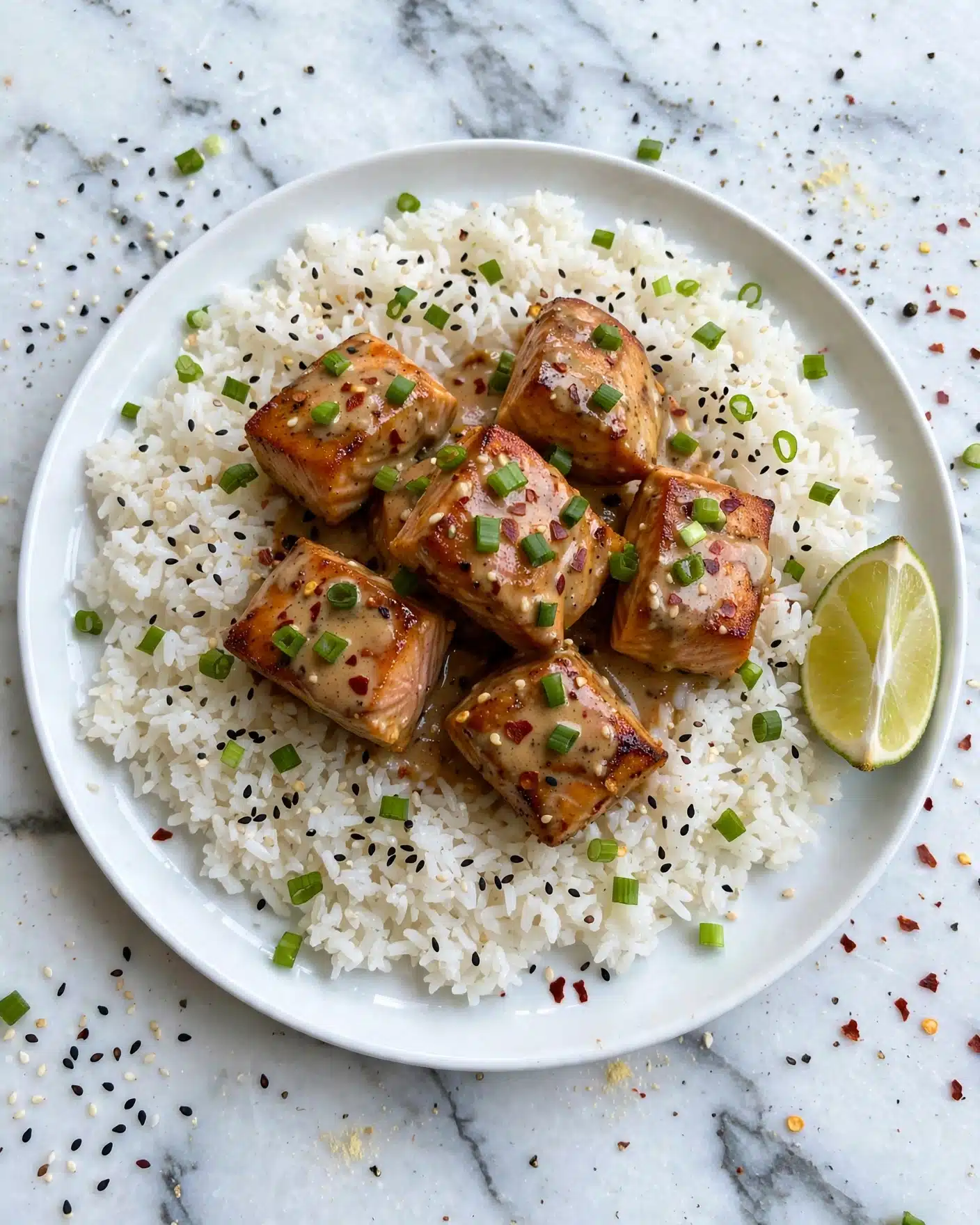 Bang Bang Salmon Bites Recipe 5 A white round plate holds a bed of white rice as the base layer, sprinkled with black and white sesame seeds and small pieces of chopped green onions spread evenly. On top of the rice are several chunks of browned, grilled pieces coated with a light brown sauce that glistens and looks creamy. The pieces are scattered in the center, garnished with more chopped green onions and a few red pepper flakes. On the right side of the plate, there is a wedge of lime adding a fresh green color. The plate sits on a white marbled surface scattered with some sesame seeds and red pepper flakes. Photo taken with an iphone --ar 4:5 --v 7