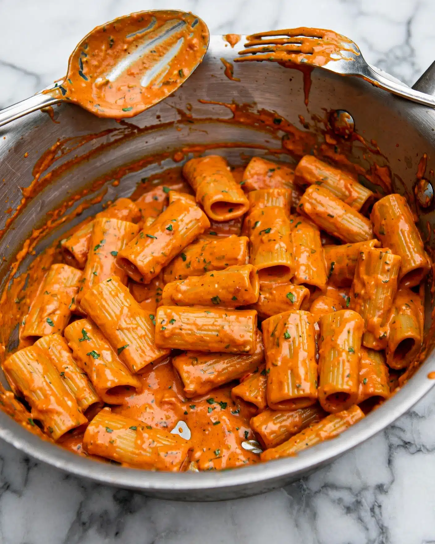 Quick Creamy Chorizo Pasta Recipe 5 A close-up view inside a large silver pan filled with rigatoni pasta coated in thick, creamy orange-red sauce. The pasta tubes have a smooth texture with small ridges, and the sauce has small green herb specks scattered throughout. A silver spoon and a silver fork rest on the edge of the pan, both covered in the same sauce, showing some partial smears inside the pan. The pan sits on a white marbled surface. photo taken with an iphone --ar 4:5 --v 7