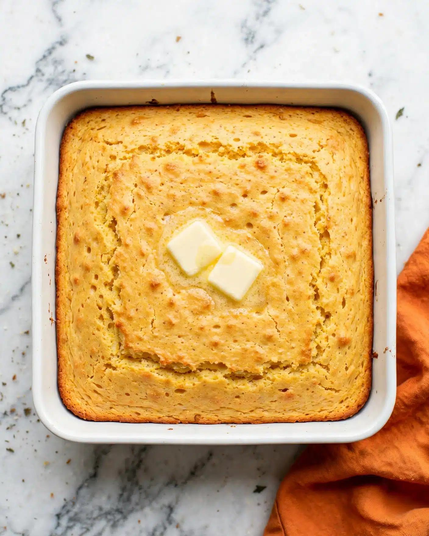 A square white baking dish holds one thick layer of golden yellow cornbread with a slightly uneven, textured surface showing small cracks and bubbles. In the middle, two small squares of pale yellow butter sit, slightly melting into the warm cornbread. The dish is placed on a white marbled surface with a warm orange cloth partially visible on the side. The overall look is warm and inviting with a simple, rustic feel. photo taken with an iphone --ar 4:5 --v 7