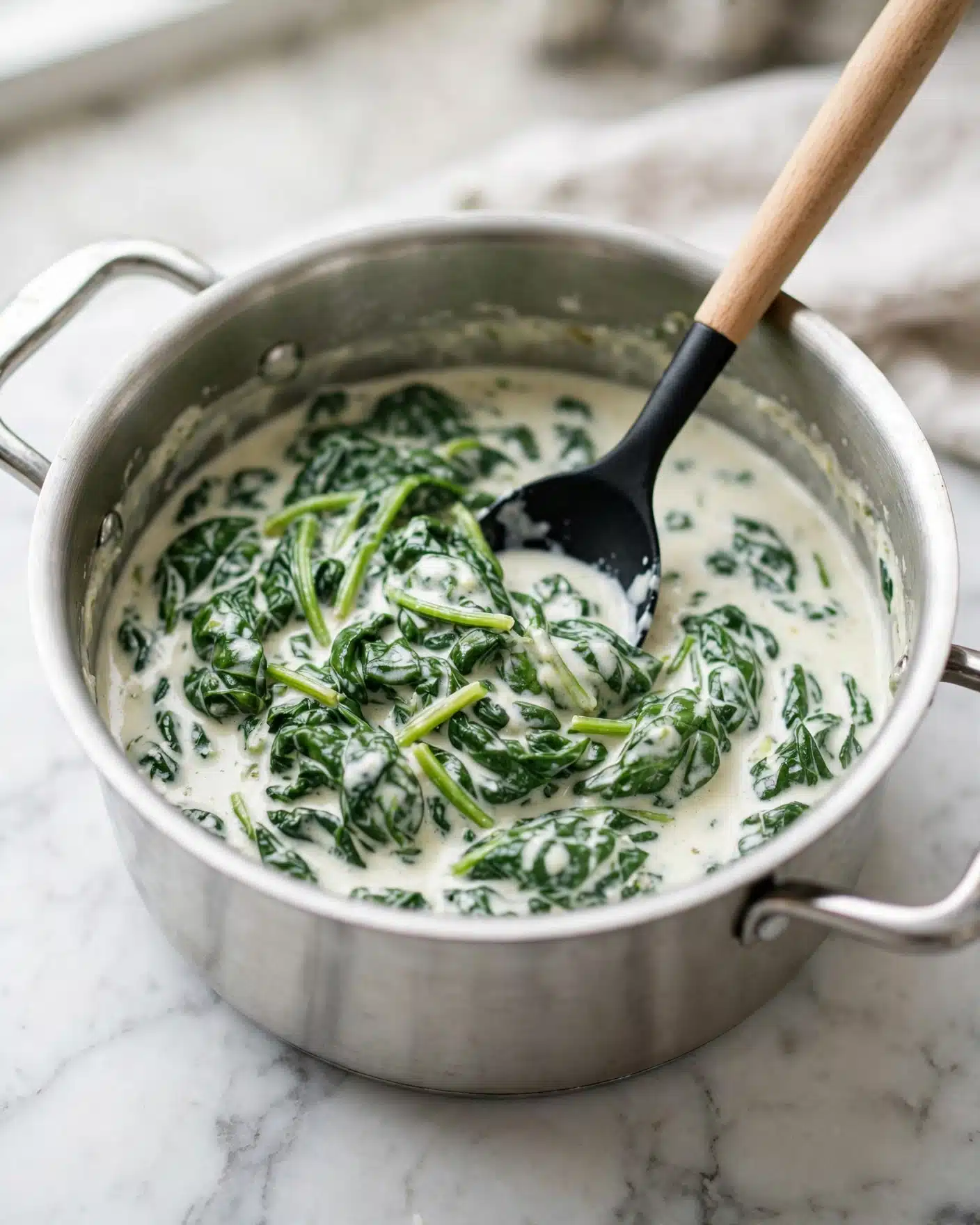 A silver pot filled with bright green cooked spinach leaves sitting in a creamy white sauce. A black spoon with a light wood handle is stirring the mixture inside the pot. The pot has two silver handles and rests on a white marbled surface. photo taken with an iphone --ar 4:5 --v 7