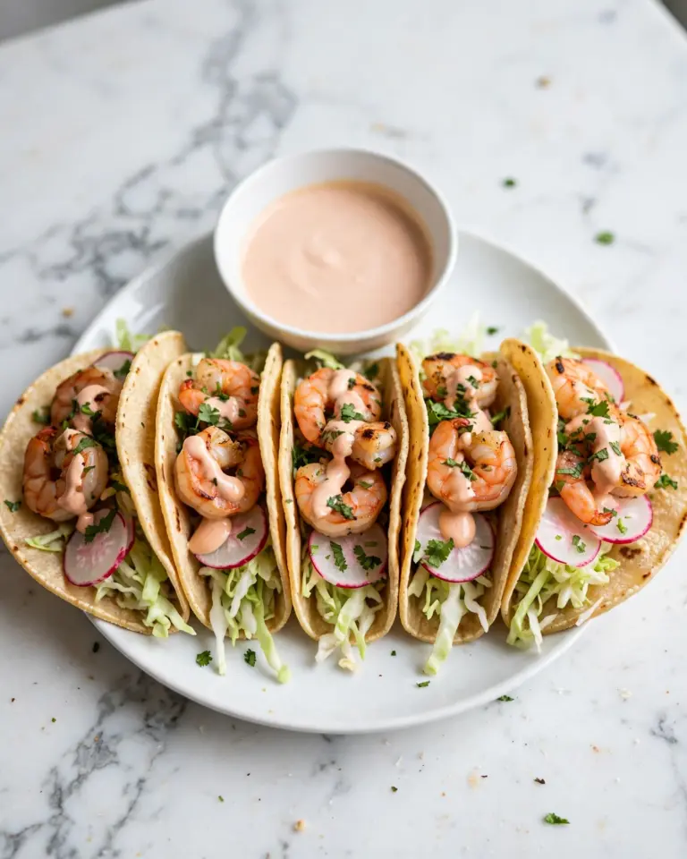 Shrimp Tacos with Spicy Creamy Sauce and Fresh Toppings Recipe