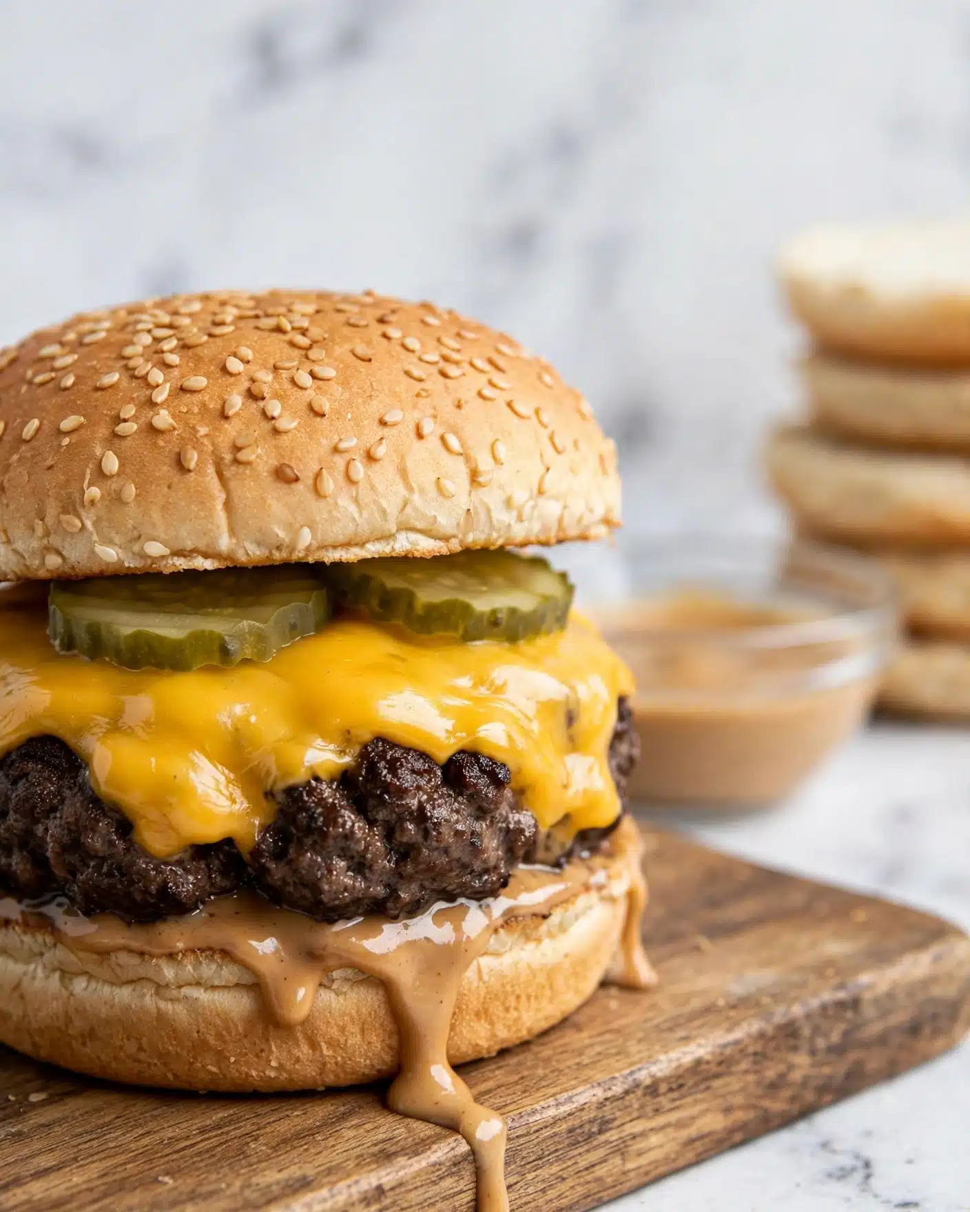 Smash Burger Recipe 5 A close-up of a cheeseburger sitting on a wooden board with a white marbled background. The burger has four visible layers: a top sesame seed bun that is light golden brown, two thin green pickle slices underneath the bun, a melted slice of bright yellow cheddar cheese covering a thick, juicy, dark brown beef patty, and a light brown sauce dripping down over the bottom bun. In the blurred background, there is a small glass bowl with more sauce and a stack of plain white sandwich buns. Photo taken with an iphone --ar 4:5 --v 7