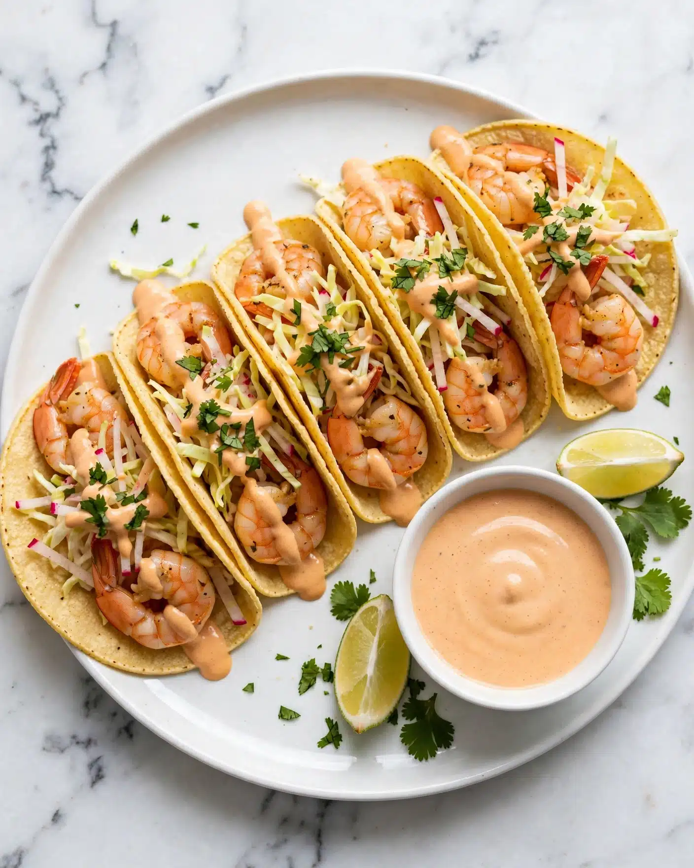 Shrimp Tacos with Spicy Creamy Sauce and Fresh Toppings Recipe 5 Five tacos are arranged on a white plate with a white marbled background. Each taco has two layers of light yellow corn tortillas as the base, topped with pink cooked shrimp, finely shredded pale yellow cabbage and radish, light orange creamy sauce drizzled over, and green chopped cilantro sprinkled on top. On the side is a small white bowl filled with more light orange creamy sauce and two lime wedges with some green cilantro leaves next to them. Photo taken with an iphone --ar 4:5 --v 7