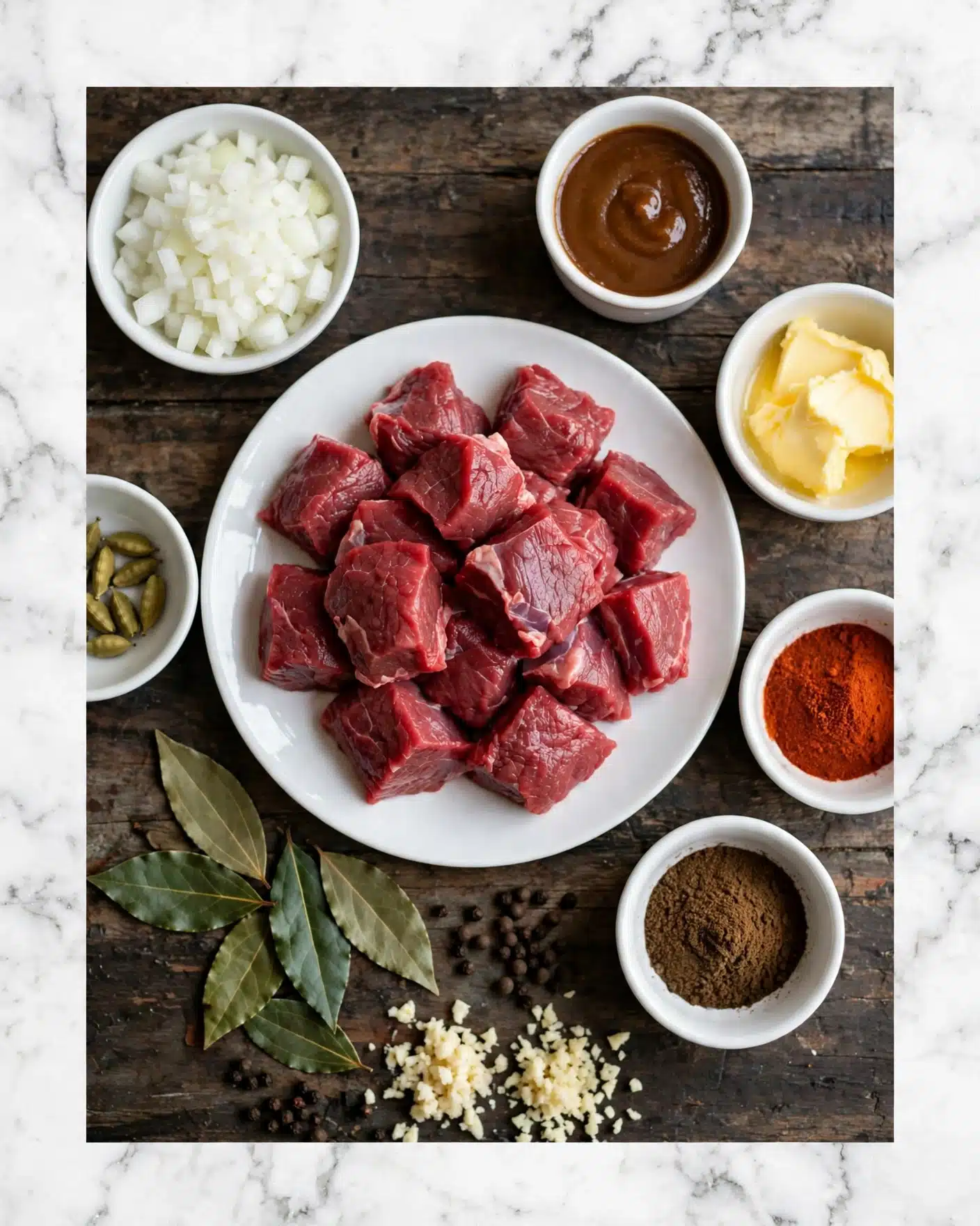 The image shows a white plate in the center filled with raw red meat chunks. Surrounding the plate are small white bowls and a white cup with different ingredients like chopped white onions, brown sauce, yellow butter, reddish spice powder, dark brown powder, and cardamom pods. There are also bay leaves, pepper, and crushed garlic near the bottom. The items rest on a dark wooden surface with a rustic look, contrasted by the white marbled texture background added around the edges. photo taken with an iphone --ar 4:5 --v 7