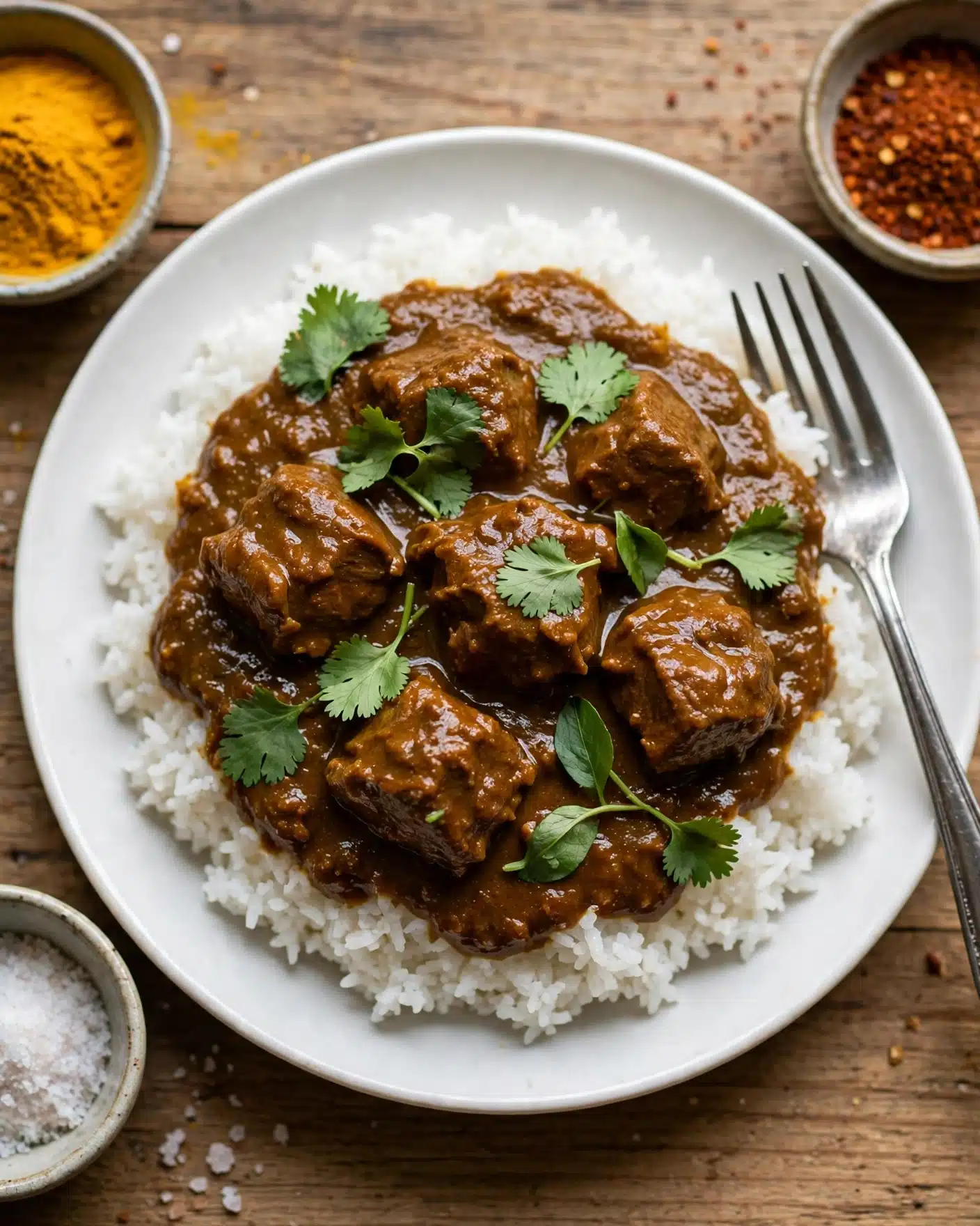 A round white plate holds a serving of plain white rice as the bottom layer, with a thick layer of rich brown curry poured over on top, containing sizable chunks of meat covered in the sauce; fresh green cilantro leaves are scattered on top of the curry, adding a touch of color contrast. To the side, a silver fork rests on the edge of the plate, and the dish is set on a wooden surface with small bowls containing spices and salt around it. Photo taken with an iphone --ar 4:5 --v 7