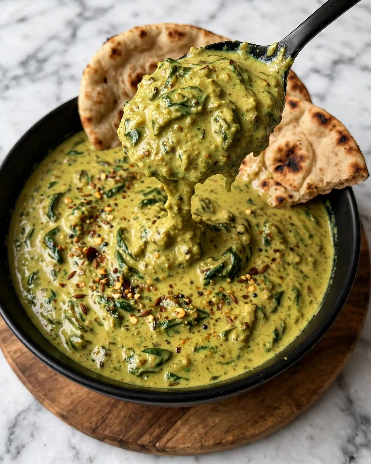 A black bowl filled with creamy green spinach curry that has small pieces of spinach and a smooth, thick texture. The curry is yellowish-green with bits of spices visible. A black spoon lifts a scoop of the curry above the bowl, showing its dense and creamy consistency. Resting on the edge of the bowl are two pieces of light brown naan bread with slightly charred spots and a fluffy texture. The bowl is placed on a round wooden board on a white marbled surface. photo taken with an iphone --ar 4:5 --v 7