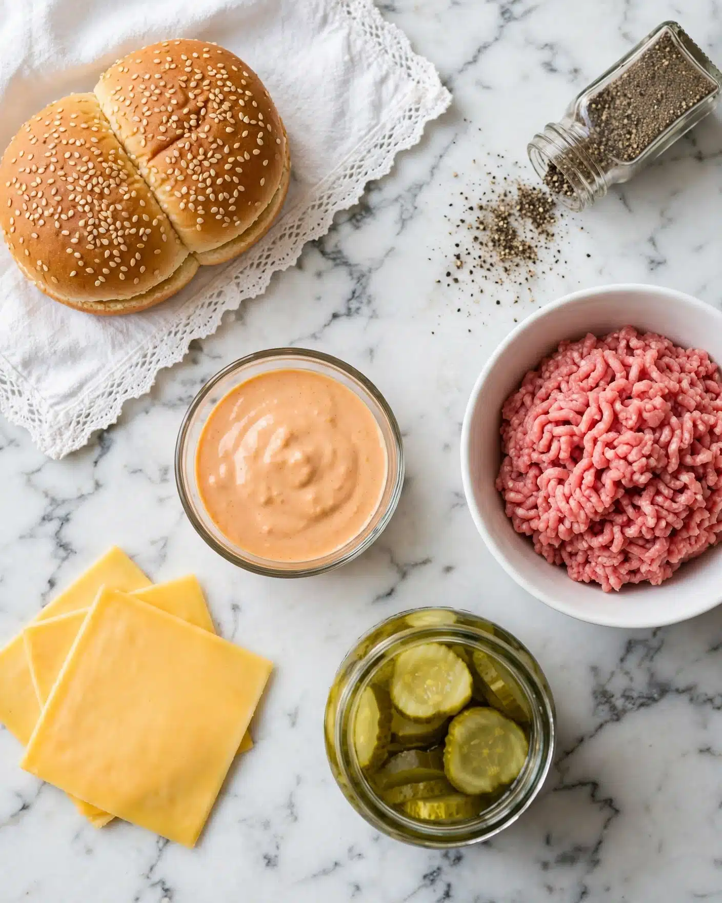 Smash Burger Recipe 4 The image shows a white marbled surface with several ingredients arranged on it: a plain white bowl filled with raw pink ground meat on the right side, next to it a glass jar of green pickle slices at the bottom, three slices of yellow cheese slightly overlapping each other at the bottom left, two sesame seed sandwich buns placed together on a white cloth with lace edges at the top left, a small glass bowl filled with light orange creamy sauce in the center, and a clear pepper shaker tilted with black pepper spilled on the surface near the top right. photo taken with an iphone --ar 4:5 --v 7