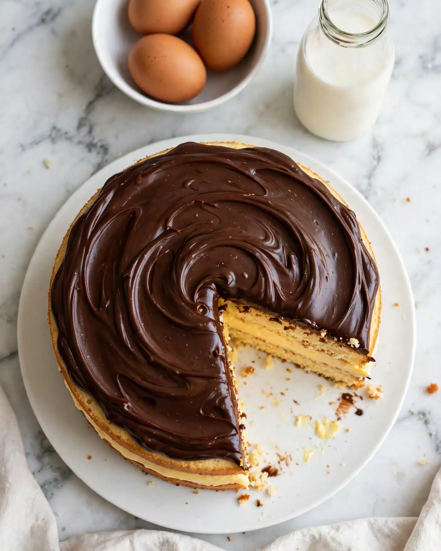 A round cake with three layers is shown on a white plate placed on a white marbled surface. The bottom and top layers are light golden sponge cake. The middle layer is a smooth, creamy yellow filling. The top is covered with thick, shiny dark chocolate that looks soft and slightly swirled. A slice is missing, revealing the inside layers. In the background, a white bowl holds three brown eggs, and a glass bottle filled with milk is beside it. Photo taken with an iphone --ar 4:5 --v 7