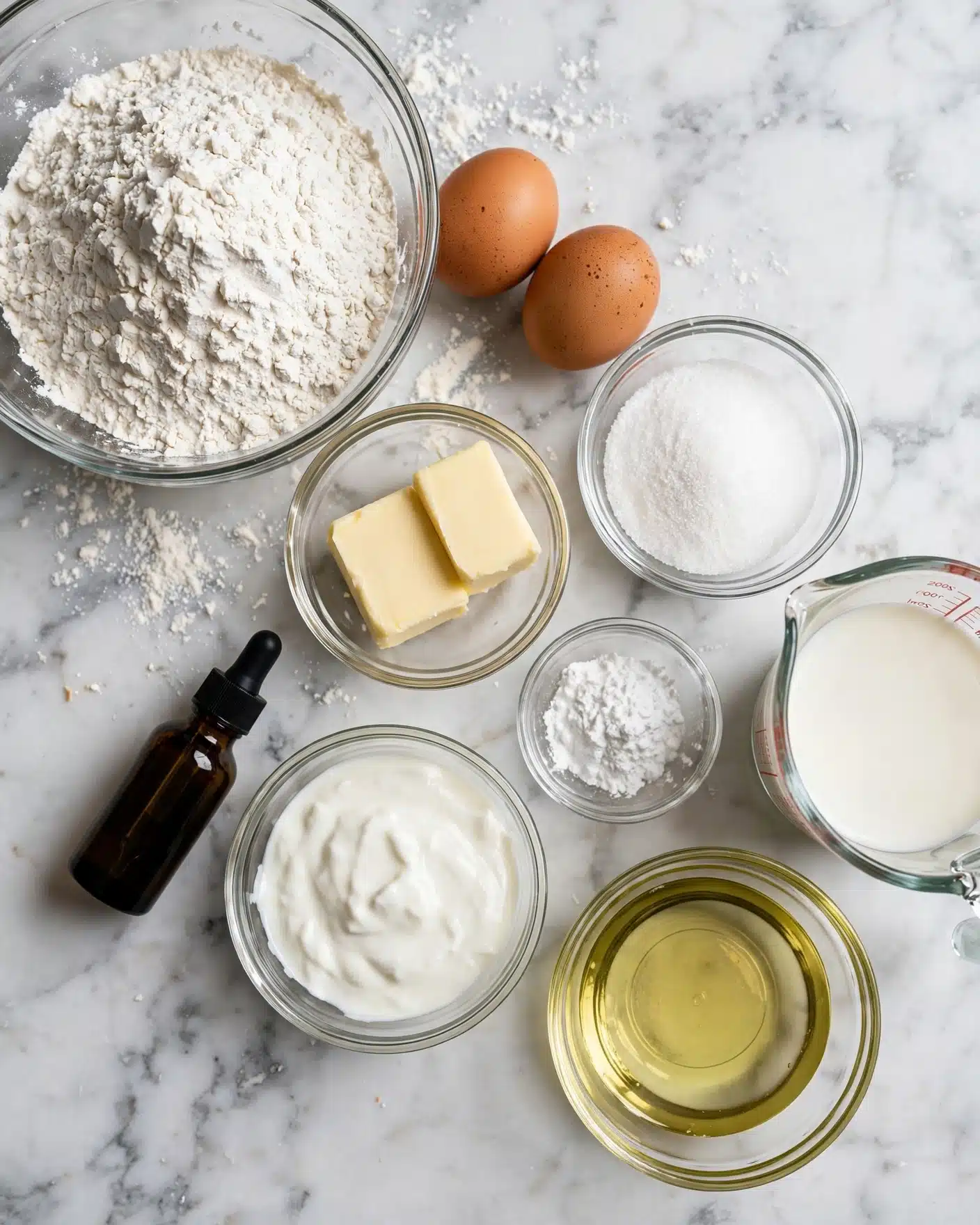 The image shows several clear glass bowls and a measuring cup arranged on a white marbled surface. One large bowl is filled with white flour with a rough texture. Two brown eggs are placed next to the flour. A small bowl contains two blocks of pale yellow butter. Another bowl holds fine white sugar, while a smaller bowl has white baking powder and baking soda. A separate bowl has soft white yogurt. There is also a clear glass bowl of light yellow liquid, likely oil, and a measuring cup filled with white milk. A dark bottle with a dropper is placed on the surface near the bowls. photo taken with an iphone --ar 4:5 --v 7