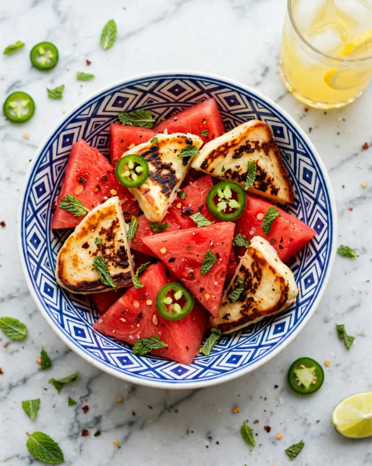 Grilled Halloumi and Watermelon Salad with Jalapeño, Mint, and Honey-Lime Dressing Recipe