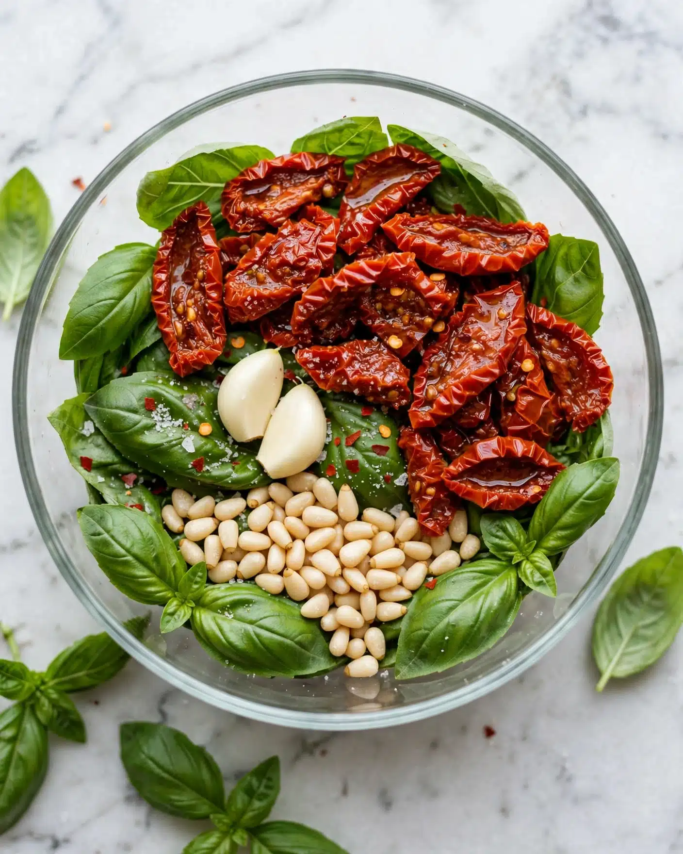A clear round bowl holds layers of ingredients starting with fresh deep green basil leaves spread around inside the bowl, then a cluster of white pine nuts at the bottom. On top of the basil and pine nuts are bright red sun-dried tomatoes with a shiny, slightly oily texture. Resting on the leaves near the center are two whole peeled garlic cloves, creamy white in color, and a light dusting of white salt and chili flakes sprinkled over the basil leaves. The bowl sits on a white marbled surface. photo taken with an iphone --ar 4:5 --v 7