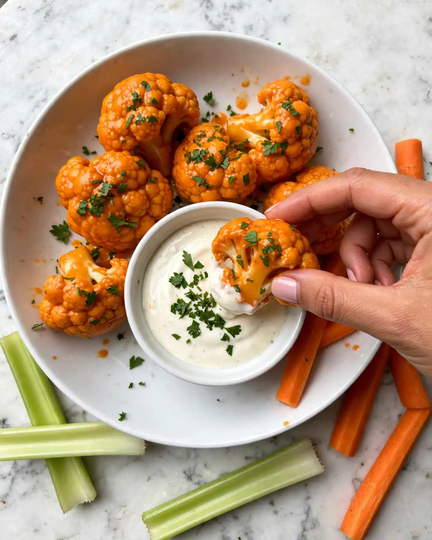 Buffalo Cauliflower Bites Recipe 5 A white shallow bowl holds several bright orange cauliflower florets, coated in sauce and sprinkled with green herbs. In the center is a smaller white bowl filled with creamy white dipping sauce, also topped with green herbs. A woman's hand with light pink nail polish is dipping one of the cauliflower pieces into the sauce. Around the bowl are pieces of celery and carrot sticks. The bowl is set on a white marbled surface. photo taken with an iphone --ar 4:5 --v 7