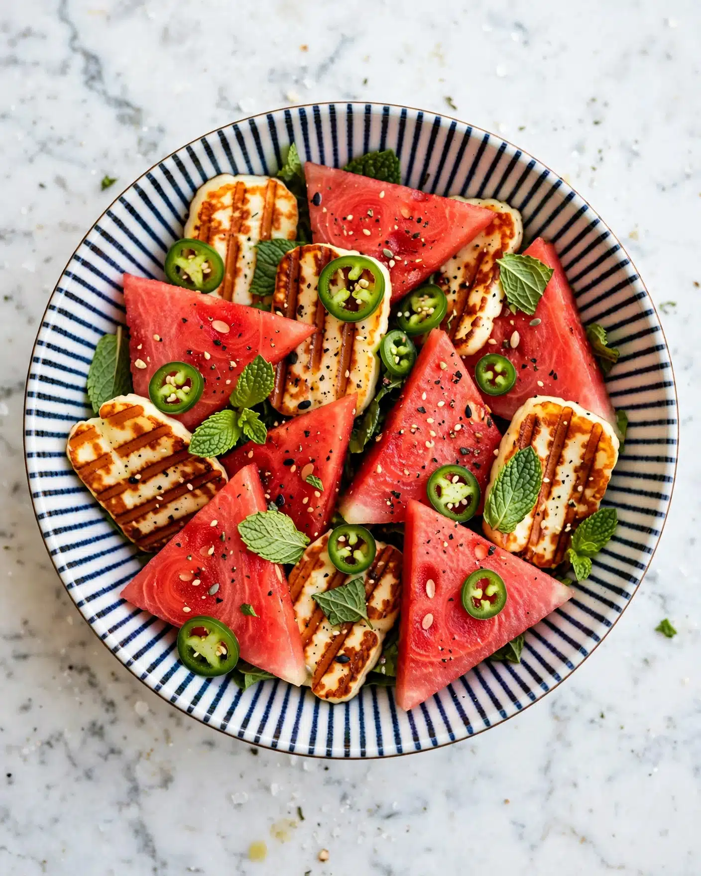 A white bowl with dark blue lines holds a salad made of two main layers: thick red triangular watermelon pieces and golden brown grilled halloumi cheese slices with clear grill marks. The watermelon and cheese are mixed and topped with bright green slices of jalapeño chilies and scattered mint leaves. The salad is sprinkled lightly with black pepper and seeds, all arranged closely together. The bowl sits on a white marbled surface. Photo taken with an iphone --ar 4:5 --v 7