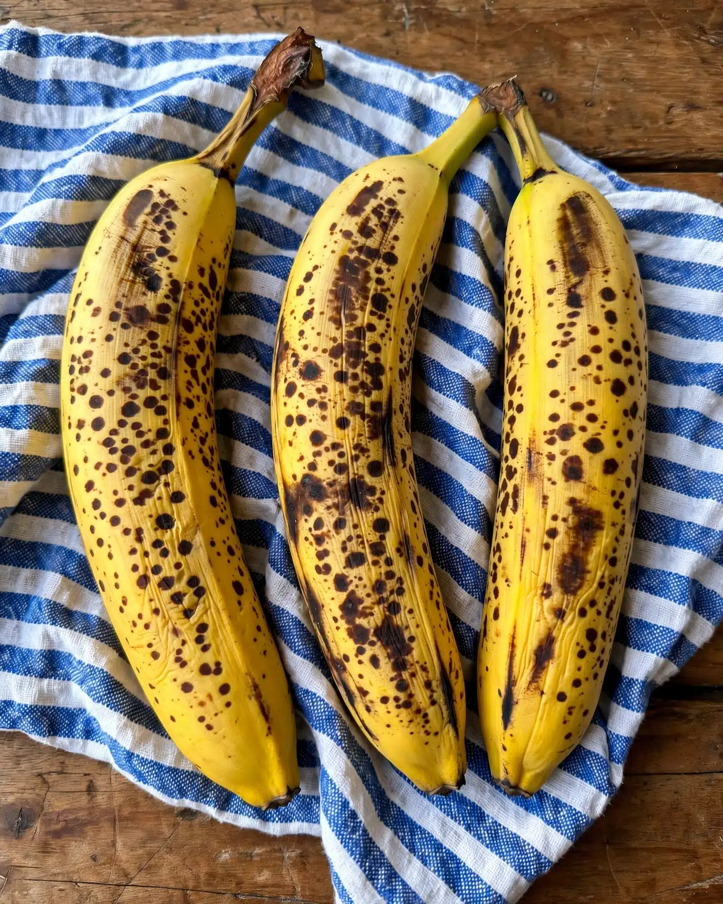 The image shows three ripe bananas with dark brown and black spots covering most of their yellow skins, lying side by side on a blue and white striped cloth. The bananas have a soft and slightly shriveled texture due to ripeness. The cloth is placed on a rustic brown wooden surface that adds warmth and contrast to the scene. The composition is simple, focusing on the natural look of the bananas and the casual home setting. Photo taken with an iphone --ar 4:5 --v 7