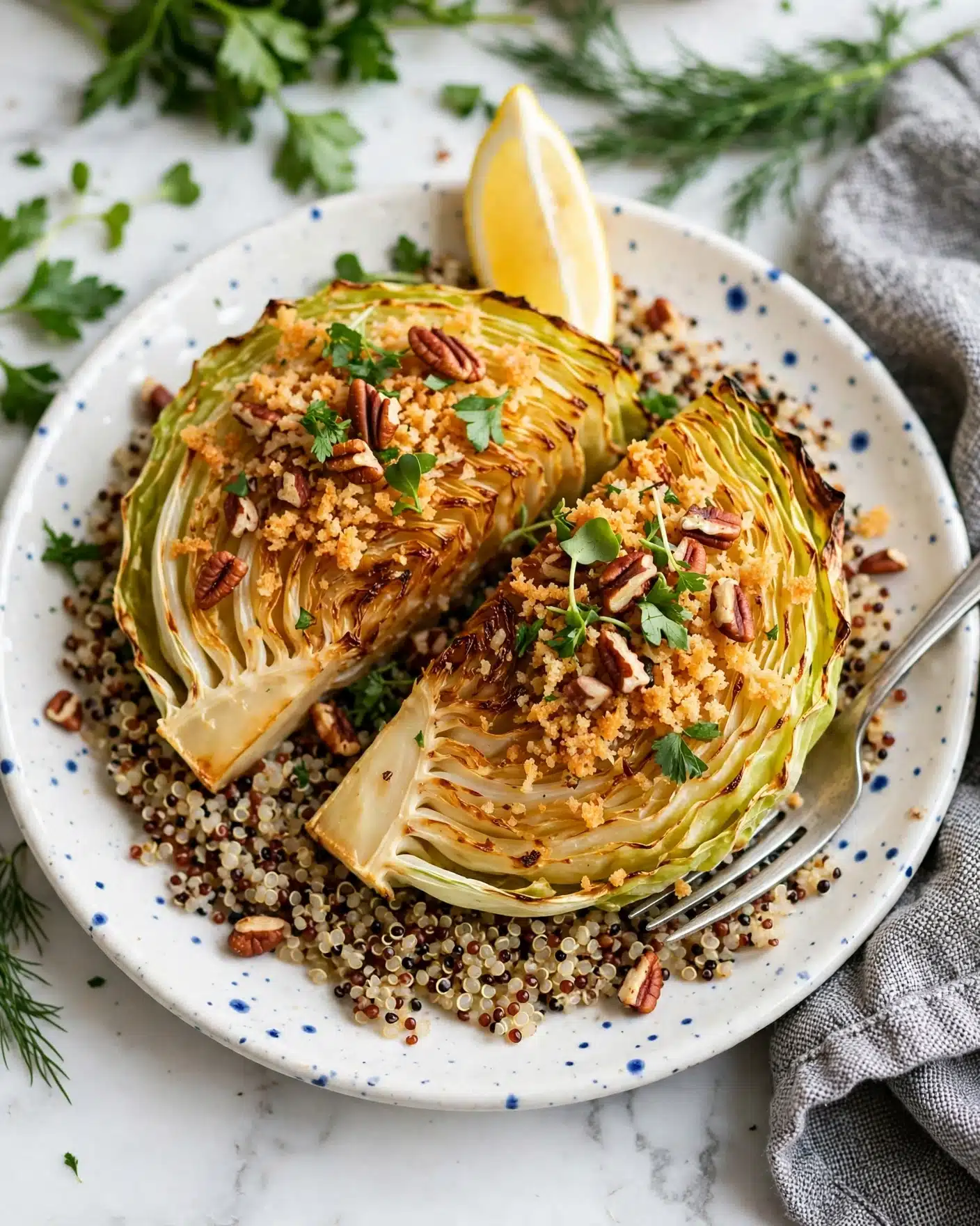 Maple Mustard Cabbage Steaks Recipe 5 The image shows two thick wedge slices of golden roasted cabbage on a white plate with blue spots, placed on a bed of cooked mixed quinoa with white, red, and black grains. The cabbage wedges are topped with a crunchy-looking golden breadcrumb layer with pieces of pecans and fresh green herbs scattered on top. There is a yellow lemon wedge resting against the cabbage in the top center of the plate. A silver fork is on the right side, partly under one wedge. The background has green leafy herbs and the plate is on a white marbled surface with a gray woven cloth nearby. Photo taken with an iphone --ar 4:5 --v 7
