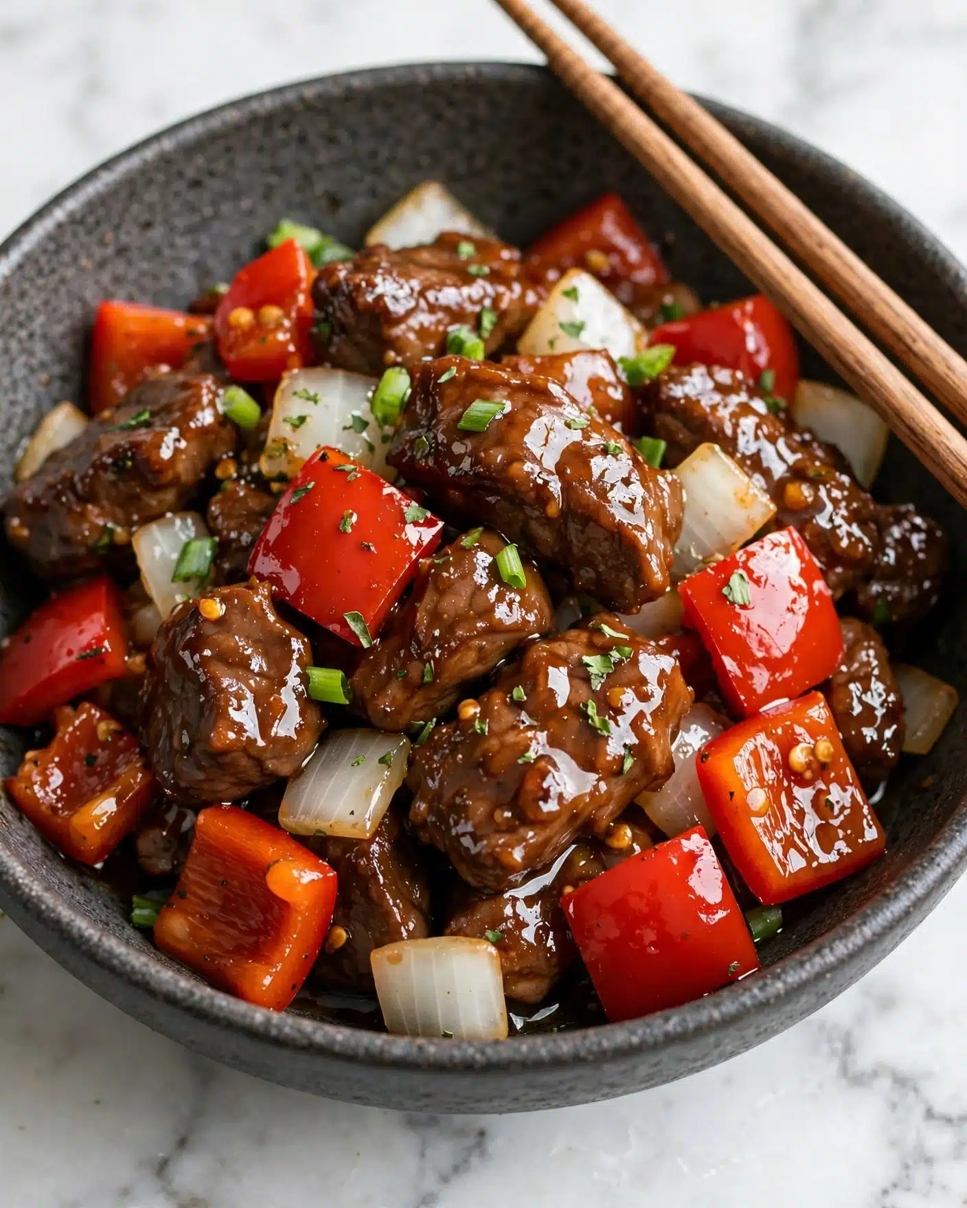 Beijing Beef Panda Express Copycat Recipe 5 This image shows a bowl with a dark grayish texture filled with pieces of glazed brown meat, mixed with chunky red bell peppers and white onion pieces, all coated in a shiny sauce and sprinkled lightly with chopped green herbs. A pair of chopsticks rests diagonally on the bowl's edge, with a white marbled surface under the bowl. The scene is close up, focusing on the glossy, colorful stir-fry. Photo taken with an iphone --ar 4:5 --v 7