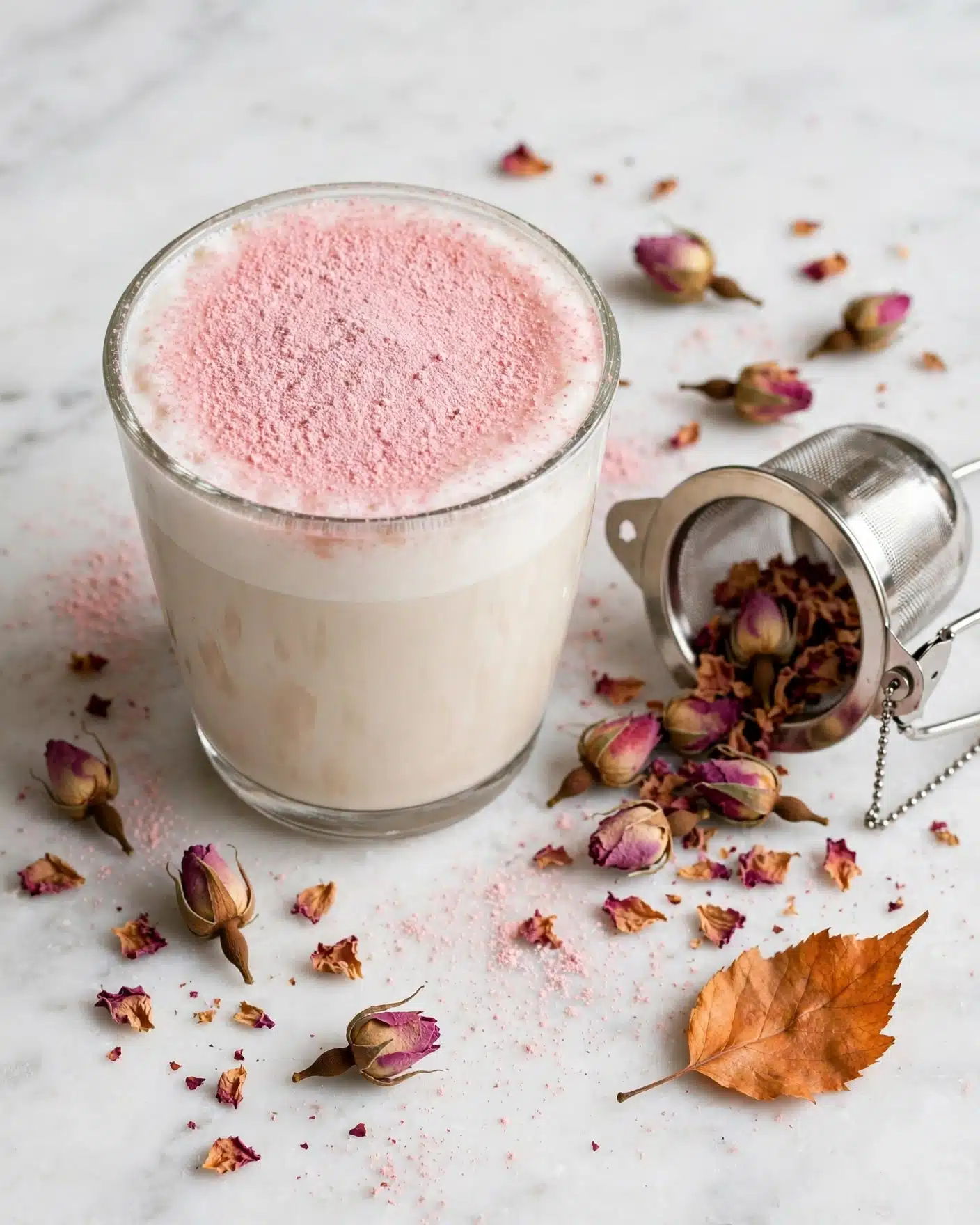 Rose Milk Tea | Rose Tea Latte Recipe 5 A clear glass cup filled with a creamy white frothy drink, topped with a thick layer of fine pink powder spread evenly across the surface, sits on a white marbled background. Around the cup, there is pink powder scattered lightly, small dried rosebuds, dried rose petals, and a metal tea infuser with some petals spilling out beside it. An orange dried leaf is placed near the bottom right, adding a warm color contrast to the scene. Photo taken with an iphone --ar 4:5 --v 7