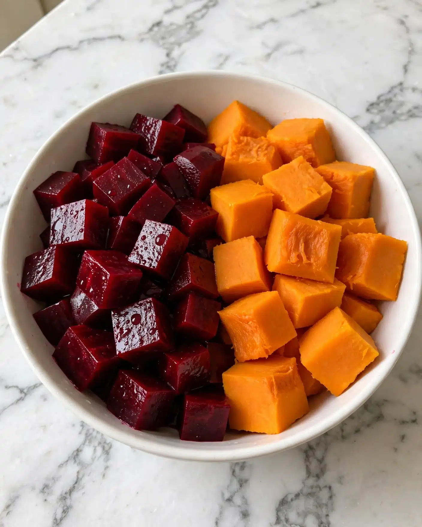 A white bowl contains two types of diced vegetables placed side by side. On the left, there are dark red, shiny, slightly wet cubes of beetroot with a smooth texture. On the right, bright orange chunks of pumpkin with a matte finish and rough edges fill that half of the bowl. The bowl is set on a white marbled surface, and the lighting highlights the rich colors and textures of the vegetables. Photo taken with an iphone --ar 4:5 --v 7